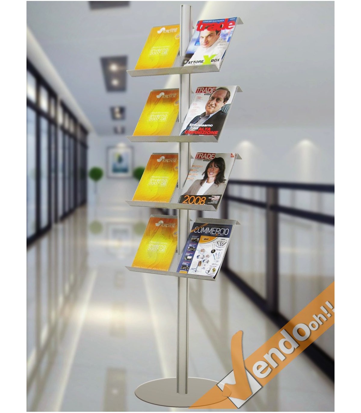 ESPOSITORE PUBBLICITARIO DA PAVIMENTO A PIANTANA 4 RIPIANI IN METALLO A4 ALMA020