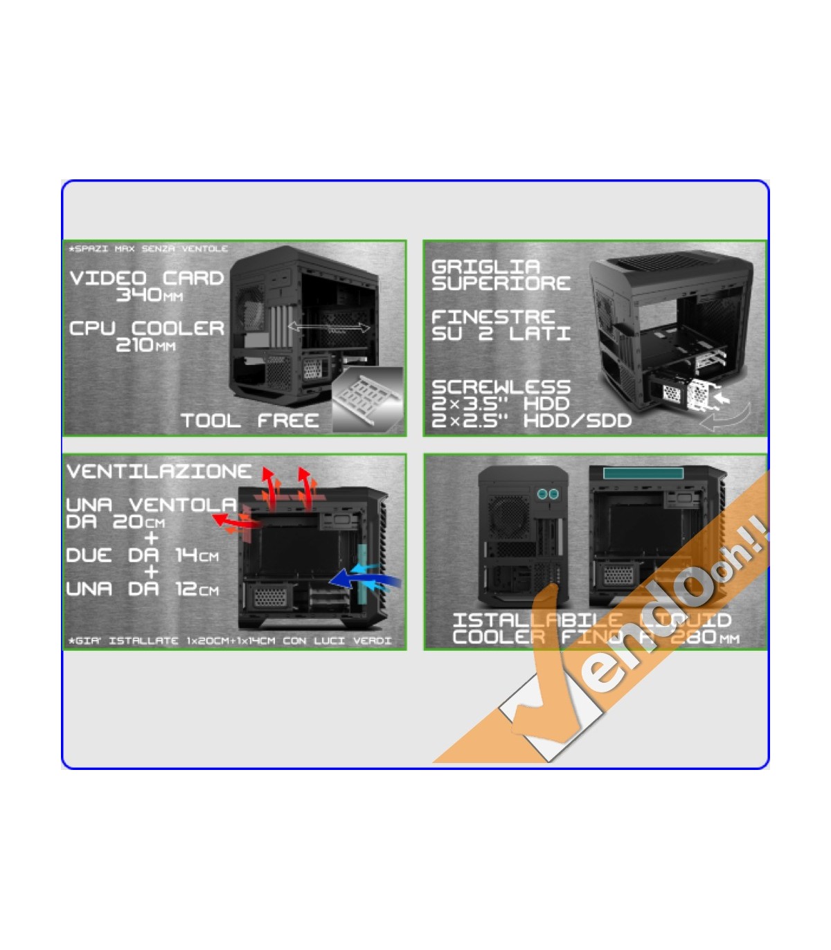 CASE MICRO ATX COMPUTER CABINET PC BIG CUBE ALLOGGI SSD BASCULANTI USB3.0 2.0