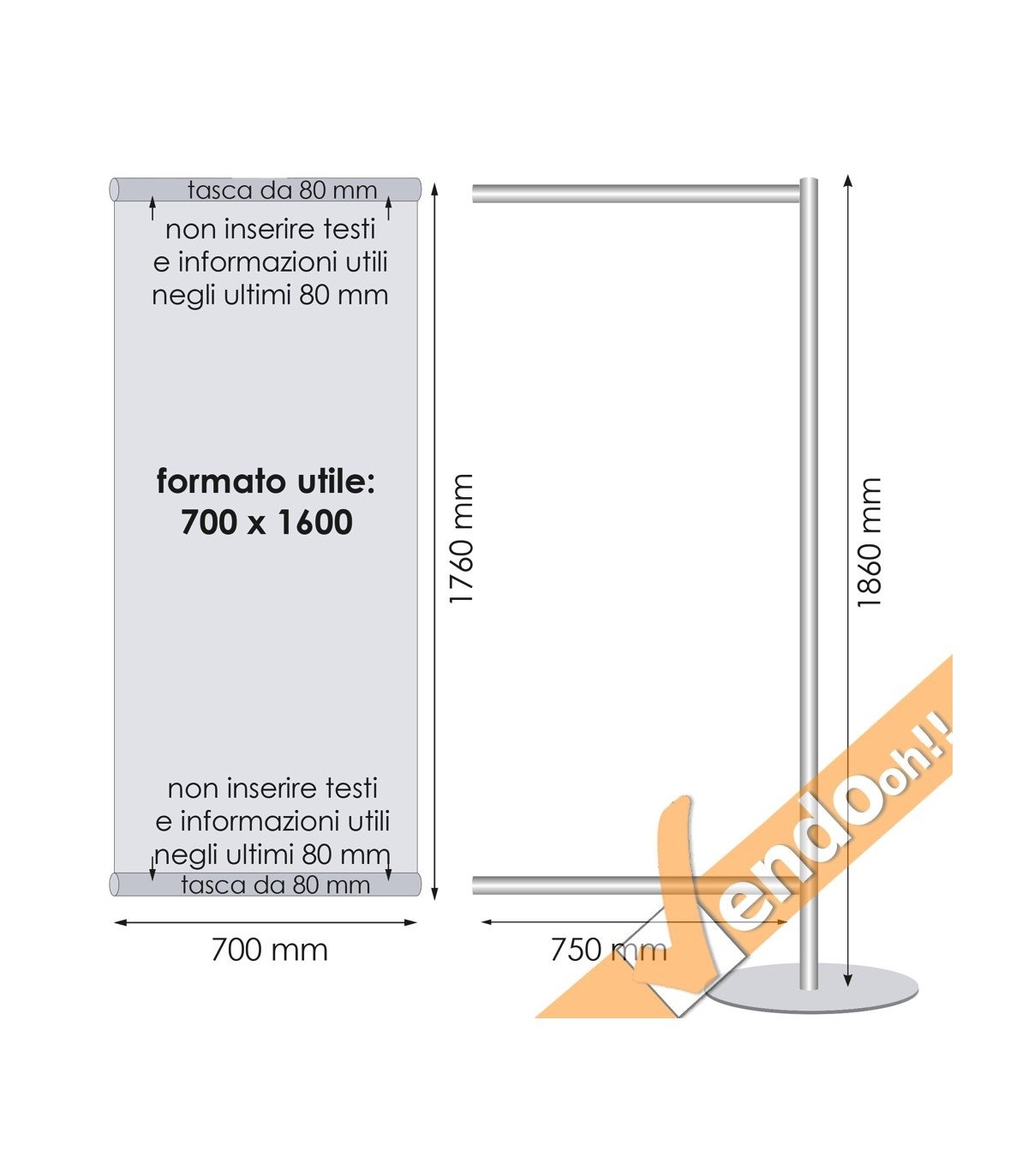 ESPOSITORE PUBBLICITARIO PORTA 2 BANNER BIFACCIALI DA PAVIMENTO VERTICALE 60X180