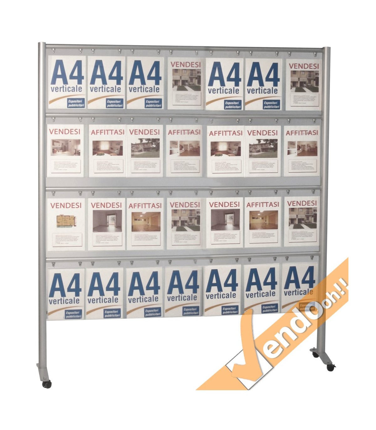 ESPOSITORE PUBBLICITARIO PORTA LOCANDINE DEPLIANT COMUNICAZIONI 28 POSTI A RUOTE