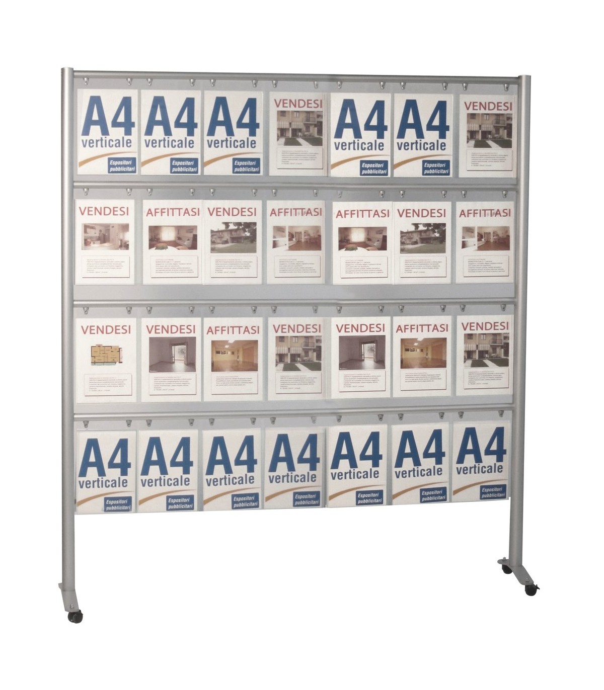 ESPOSITORE PUBBLICITARIO PORTA LOCANDINE DEPLIANT COMUNICAZIONI 28 POSTI A RUOTE