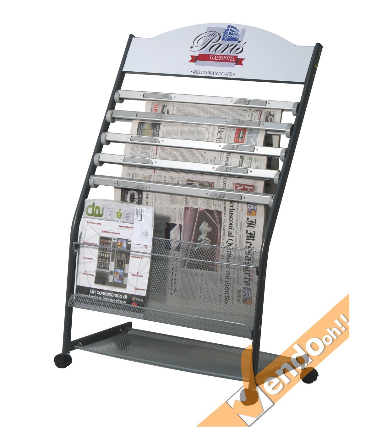 ESPOSITORE PORTA GIORNALI RIVISTE QUOTIDIANI CARRELLATO CON RUOTE HOTEL ALBERGO
