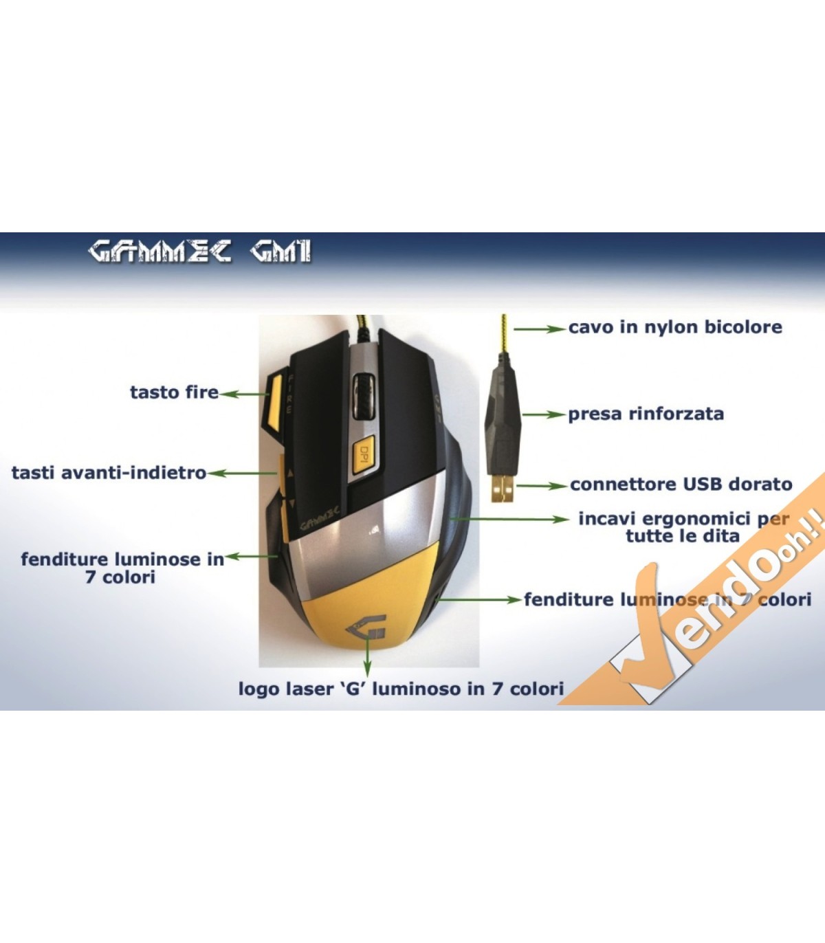 MOUSE USB A FILO LASER GAMING COMPUTER PC GAME 800 1600 2400 3200 DPI 7 TASTI