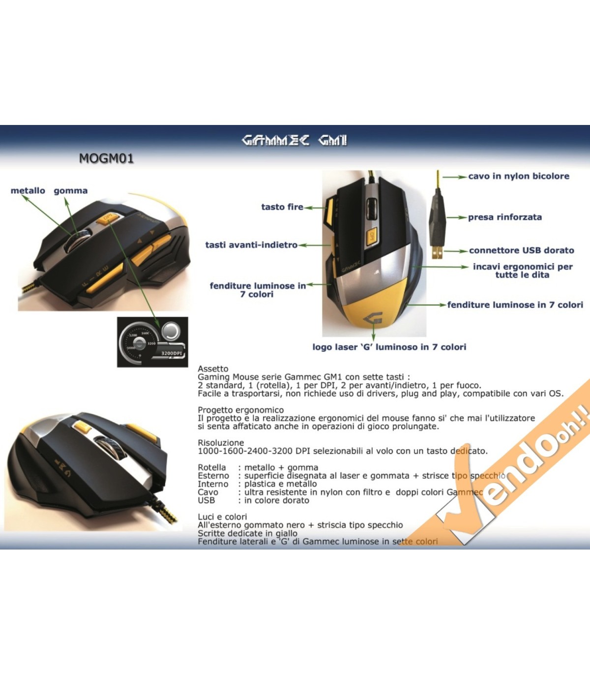 MOUSE USB A FILO LASER GAMING COMPUTER PC GAME 800 1600 2400 3200 DPI 7 TASTI