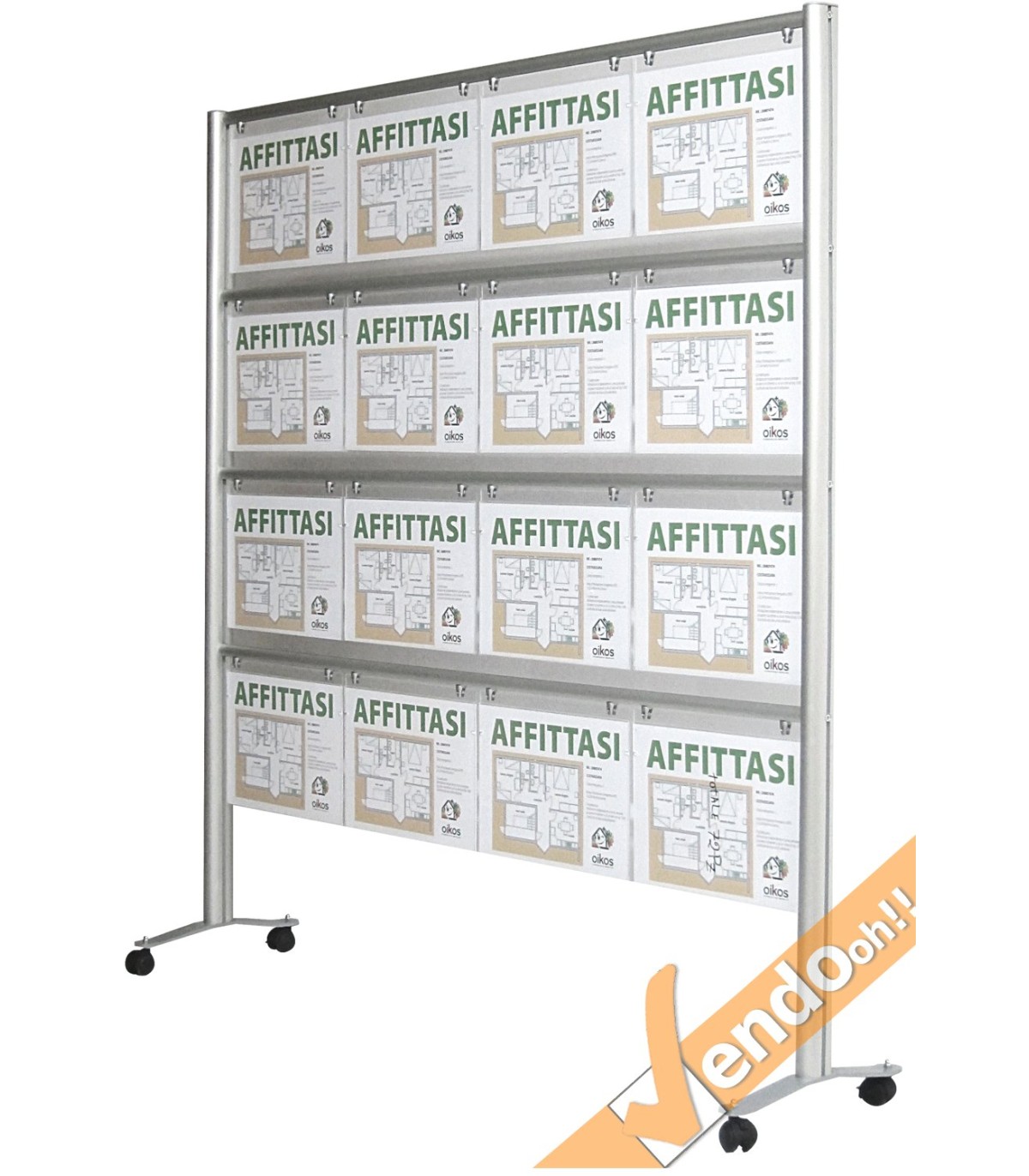ESPOSITORE PUBBLICITARIO A3 ORIZZONTALE PORTA LOCANDINE DEPLIANT COMUNICAZIONI A RUOTE