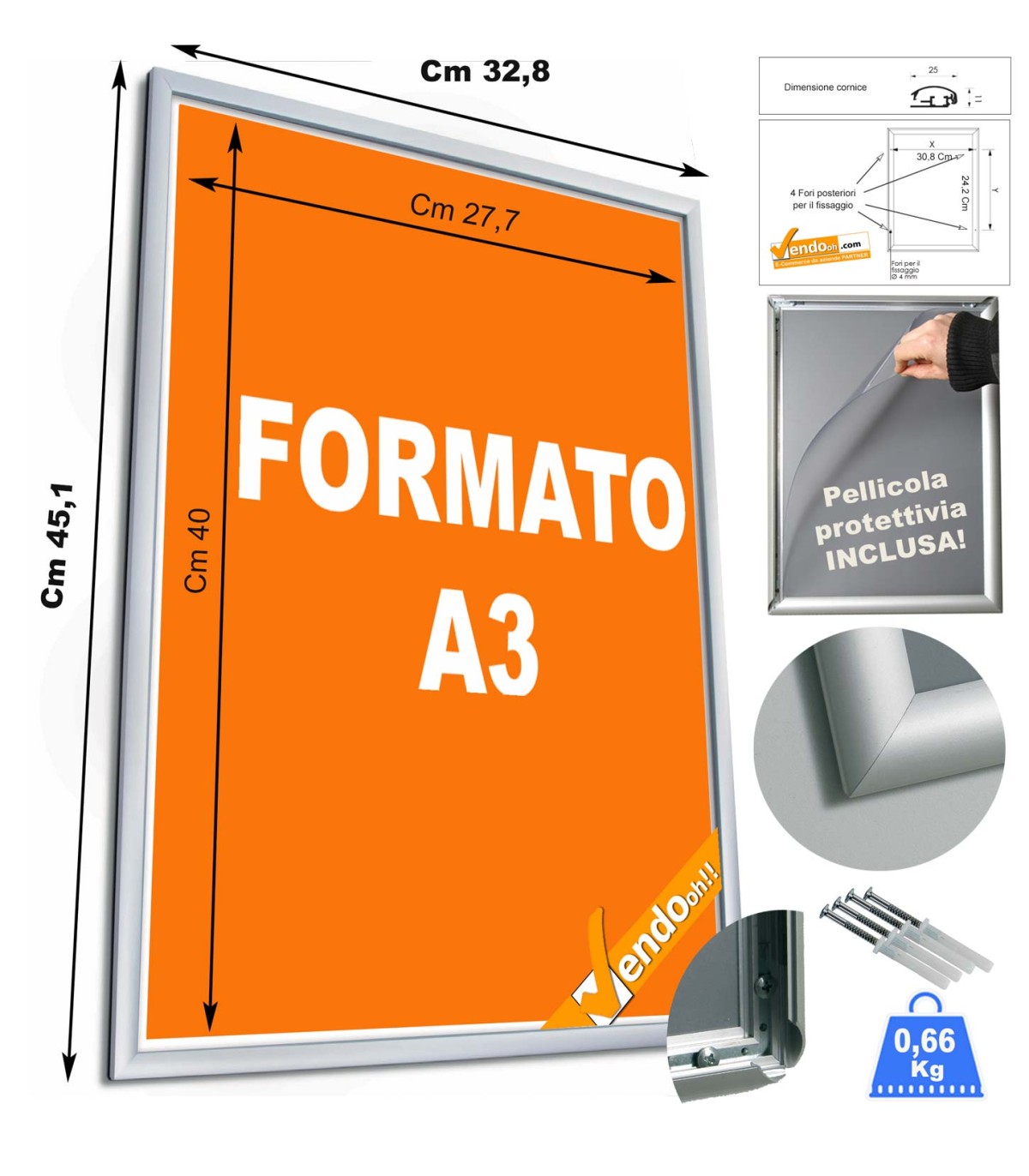 CORNICE ESPOSITIVA PUBBLICITARIA F.TO A3 DA MURO UFFICIO NEGOZIO AGENZIA CRPT12