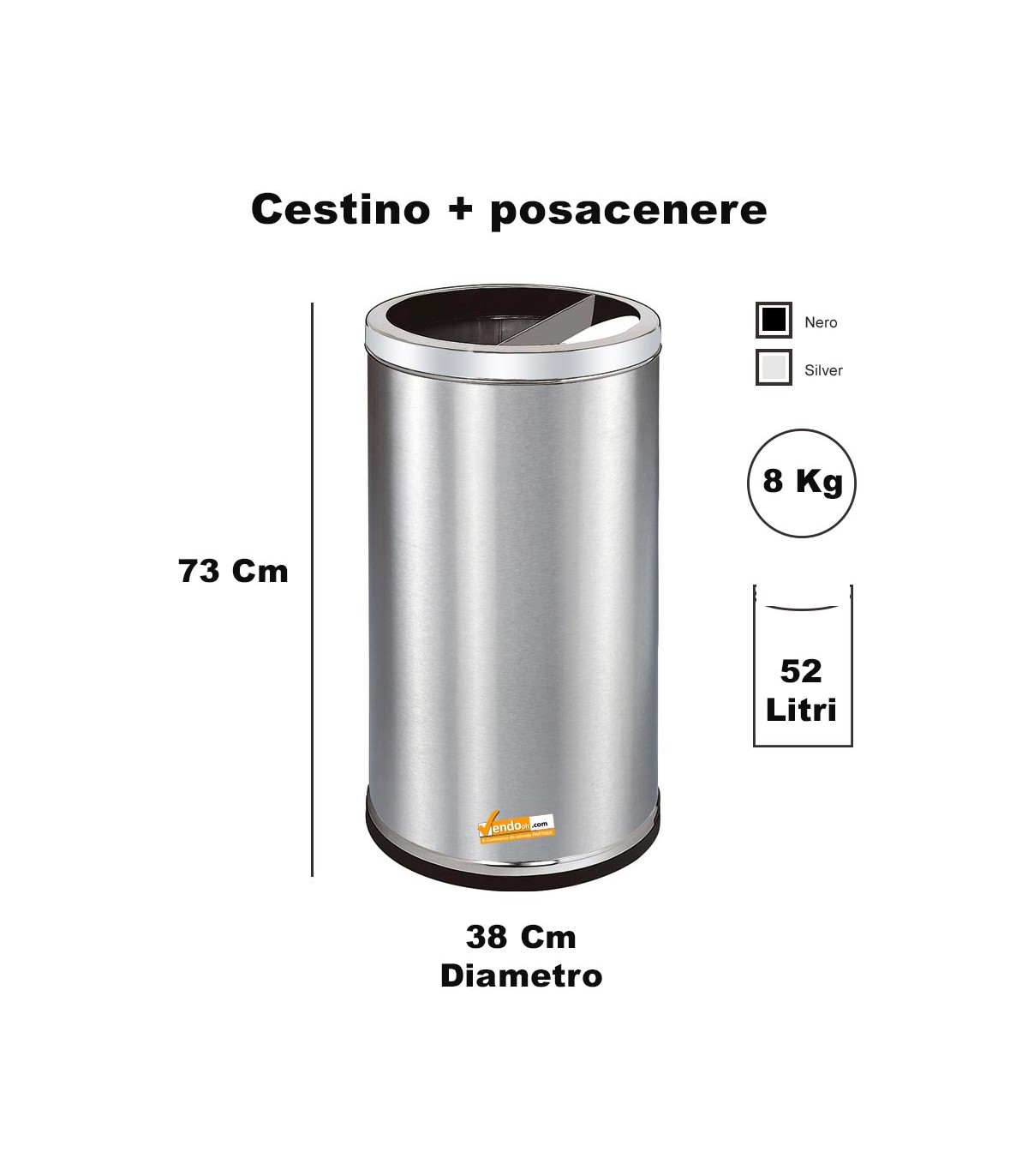 CESTINO GRIGIO SILVER CILINDRICO GETTACARTE ROTONDO CON POSACENERE GETTA CARTA INTERNO ESTERNO
