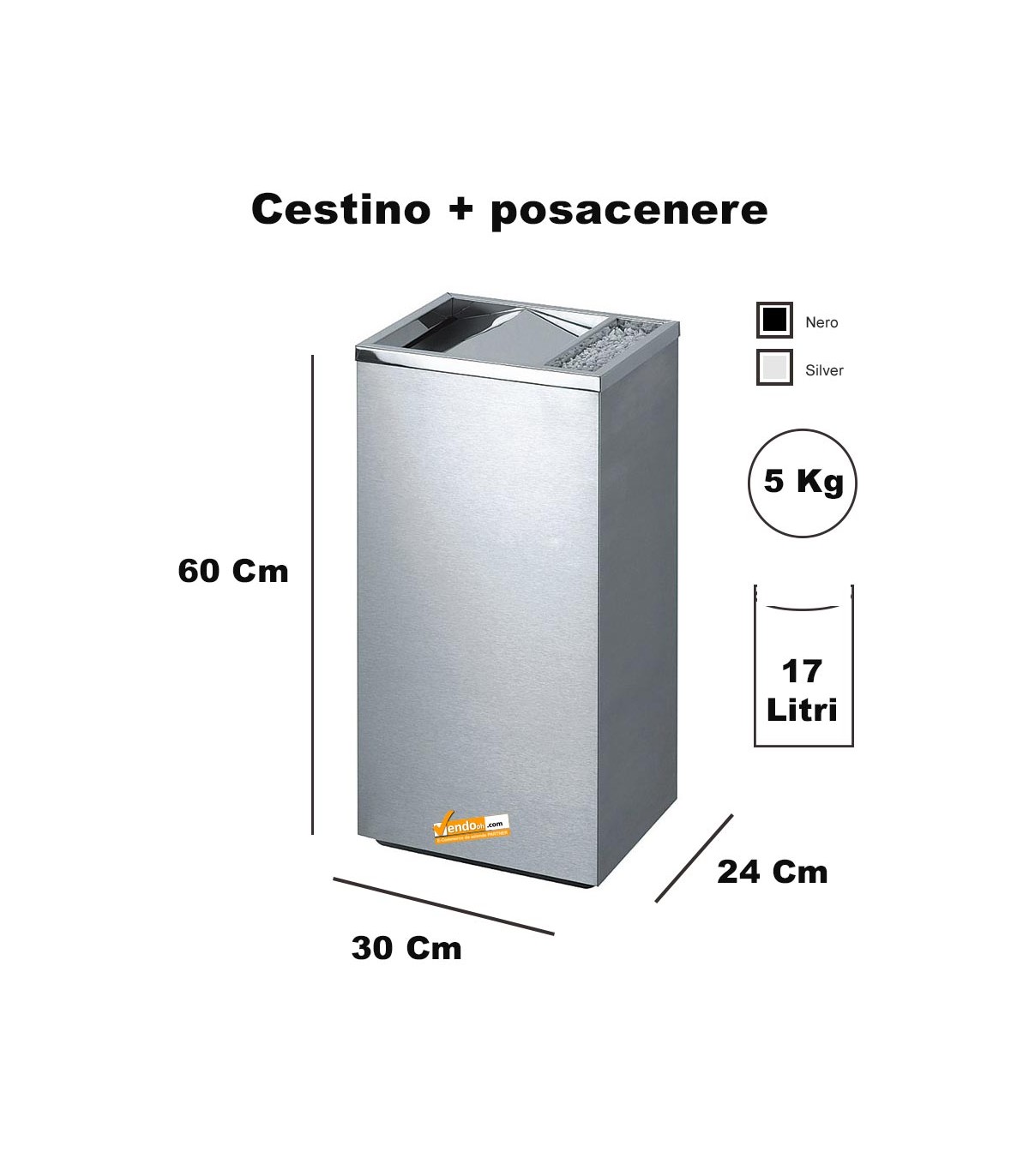 CESTINO GRIGIO SILVER RETTANGOLARE GETTACARTE CON POSACENERE GETTA CARTA DA INTERNO ESTERNO