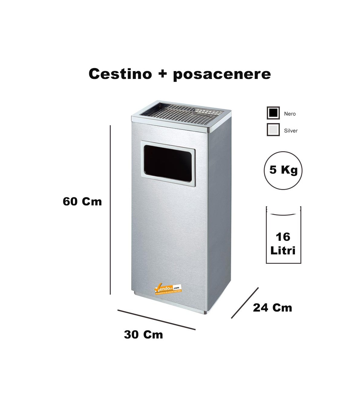 POSACENERE GRIGIO SILVER DA ESTERNO INTERNO CON CESTINO RETTANGOLARE GETTACARTE PORTA RIFUITI