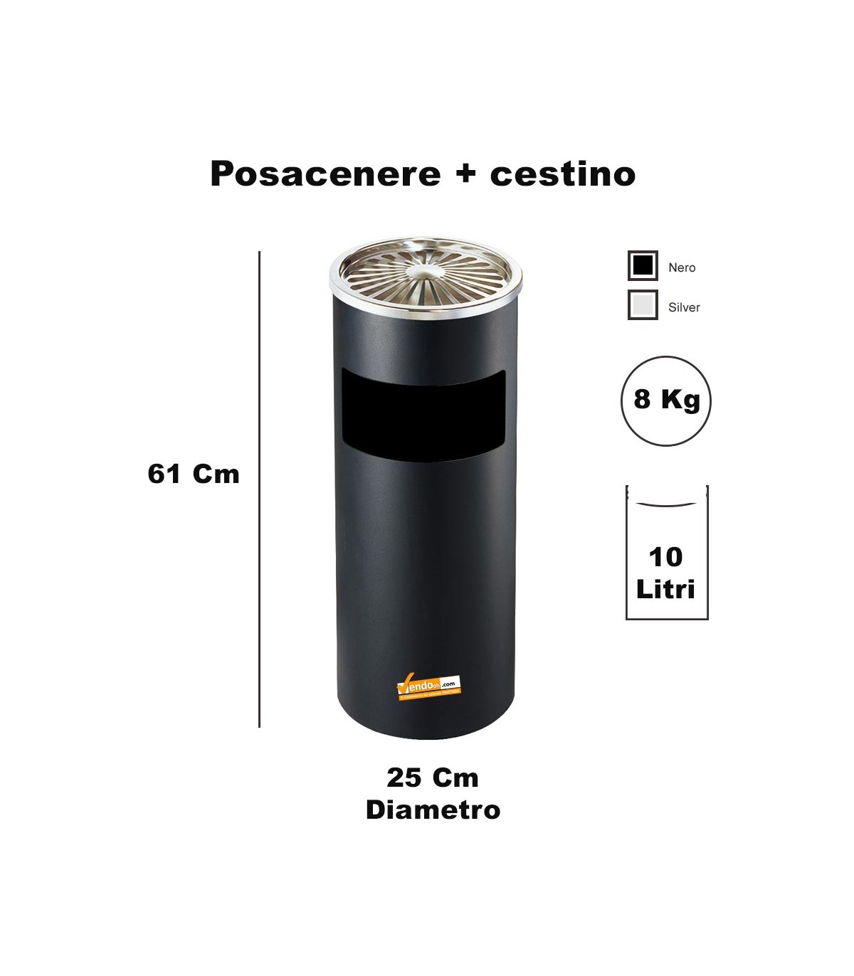 POSACENERE NERO DA ESTERNO INTERNO CON CESTINO CILINDRICO GETTACARTE PORTA RIFUITI