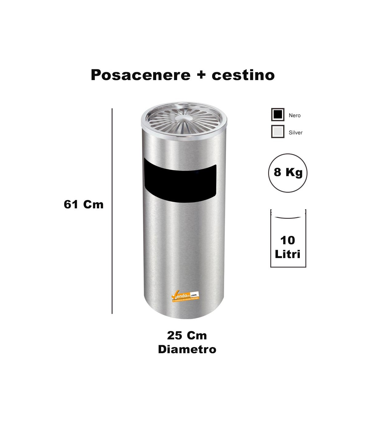POSACENERE GRIGIO SILVER DA ESTERNO INTERNO CON CESTINO CILINDRICO GETTACARTE PORTA RIFUITI