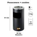 POSACENERE NERO A GRIGLIA CON CESTINO CILINDRICO GETTACARTE RIFIUTI ESTERNO INTERNO