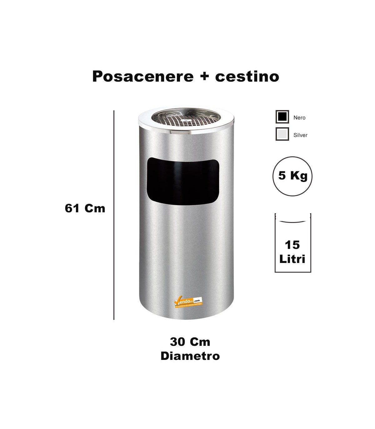POSACENERE GRIGIO SILVER A GRIGLIA CON CESTINO CILINDRICO GETTACARTE RIFIUTI ESTERNO INTERNO