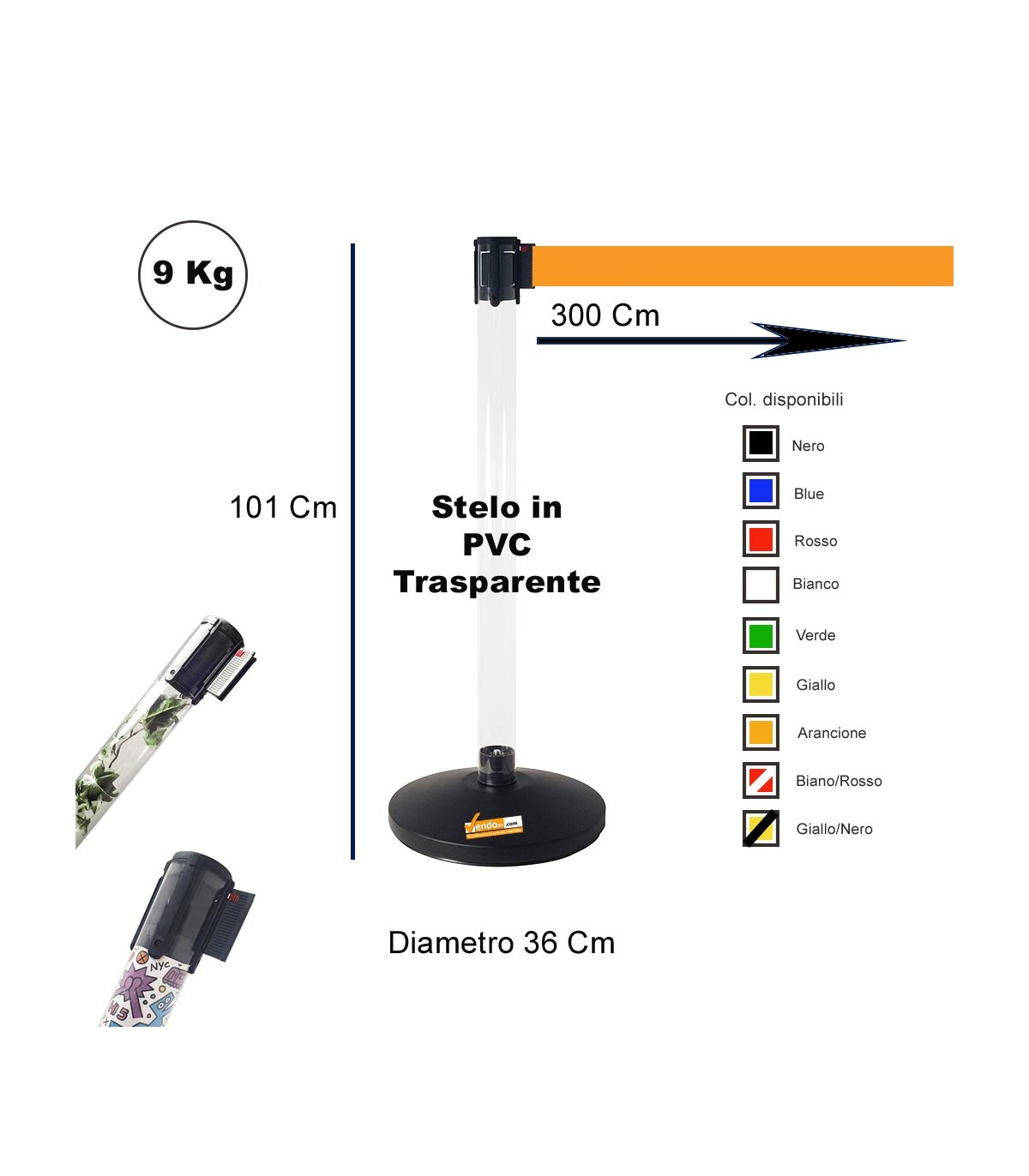 COLONNINA ACCIAIO A NASTRO MULTICOLORE SEGNA PERCORSO BASE ANTI INCIAMPO PIATTA
