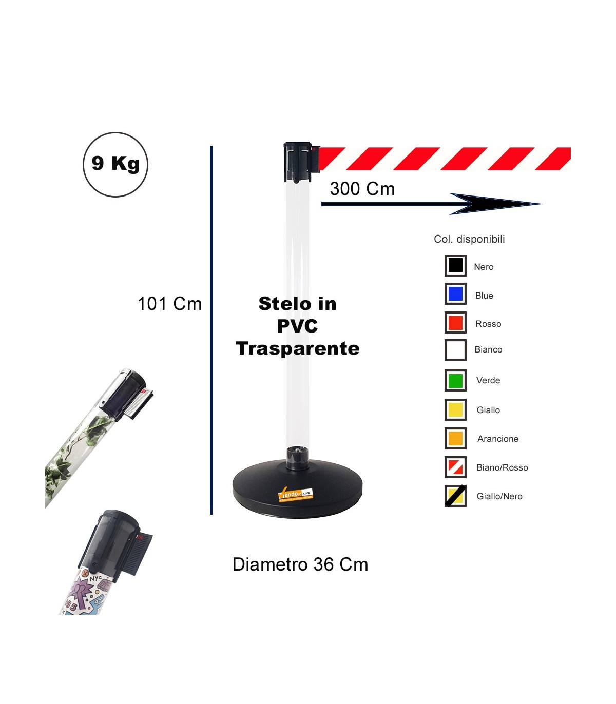 COLONNINA DELIMITA AREA SEGNA CODE PER PRIVACY A NASTRO BIANCO/ROSSO TENDIFLEX TRASPARENTE