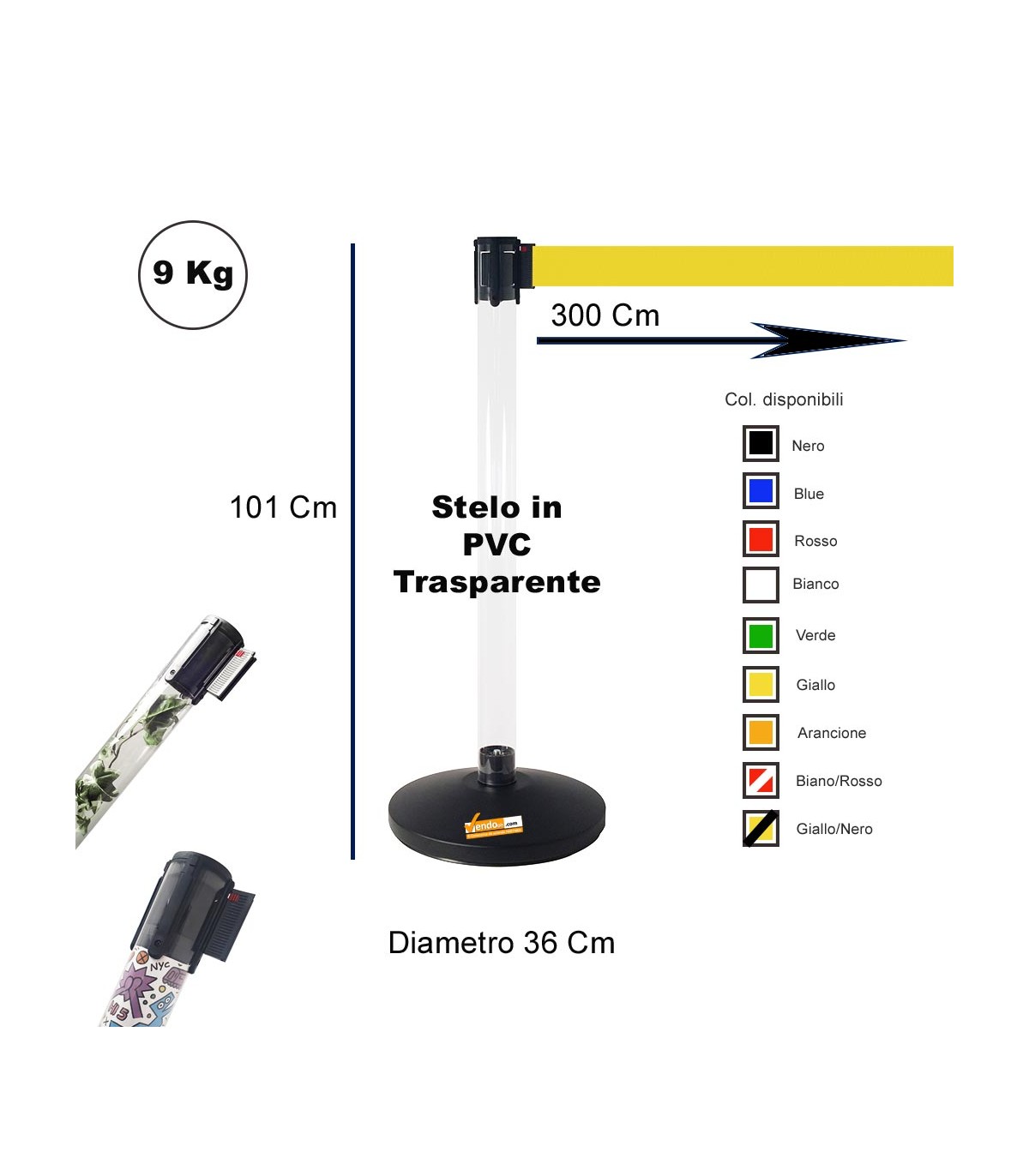COLONNINA ACCIAIO A NASTRO MULTICOLORE SEGNA PERCORSO BASE ANTI INCIAMPO PIATTA