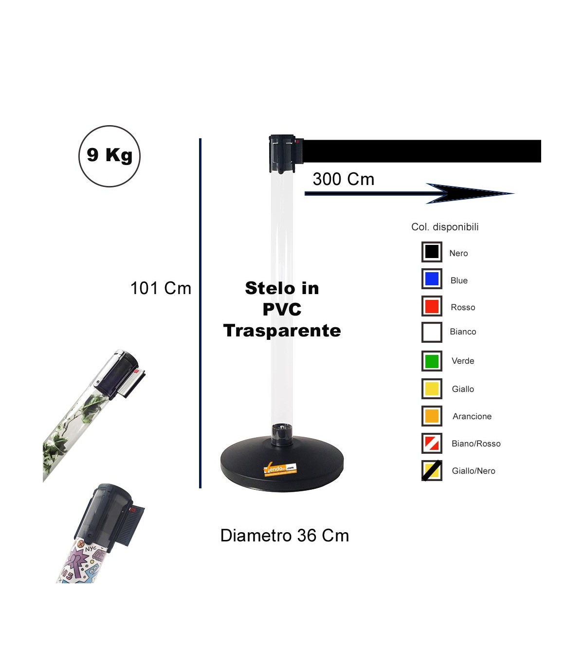 COLONNINA DELIMITA AREA SEGNA CODE PER PRIVACY A NASTRO NERO TENDIFLEX TRASPARENTE
