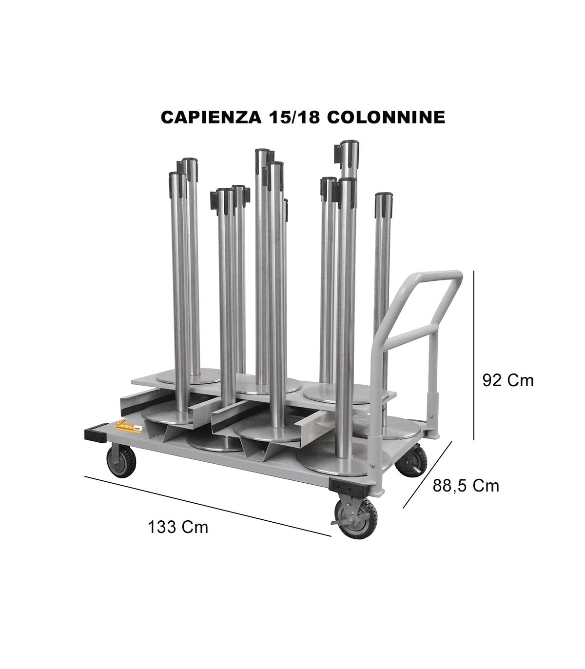 CARRELLO PIENO CARICO PORTA COLONNINE SEPARA CODE DELIMITA AREA PRIVACY CON RUOTE FRENATI
