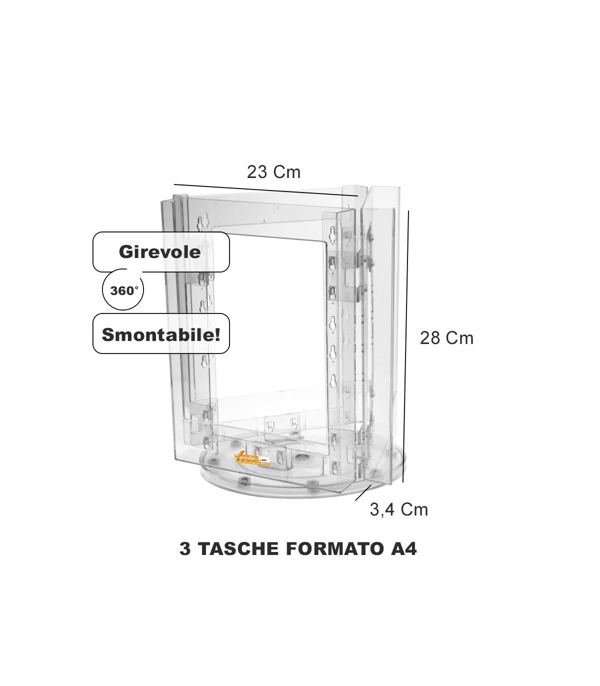 ESPOSITORE PORTADEPLIANT GIREVOLE A 3 TASCHE FORMATO A4 DA BANCO TAVOLO HOTEL