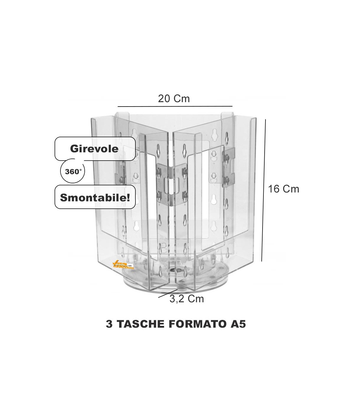 ESPOSITORE PORTA DEPLIANT GIREVOLE A 3 TASCHE FORMATO A5 DA BANCO TAVOLO AGENZIA