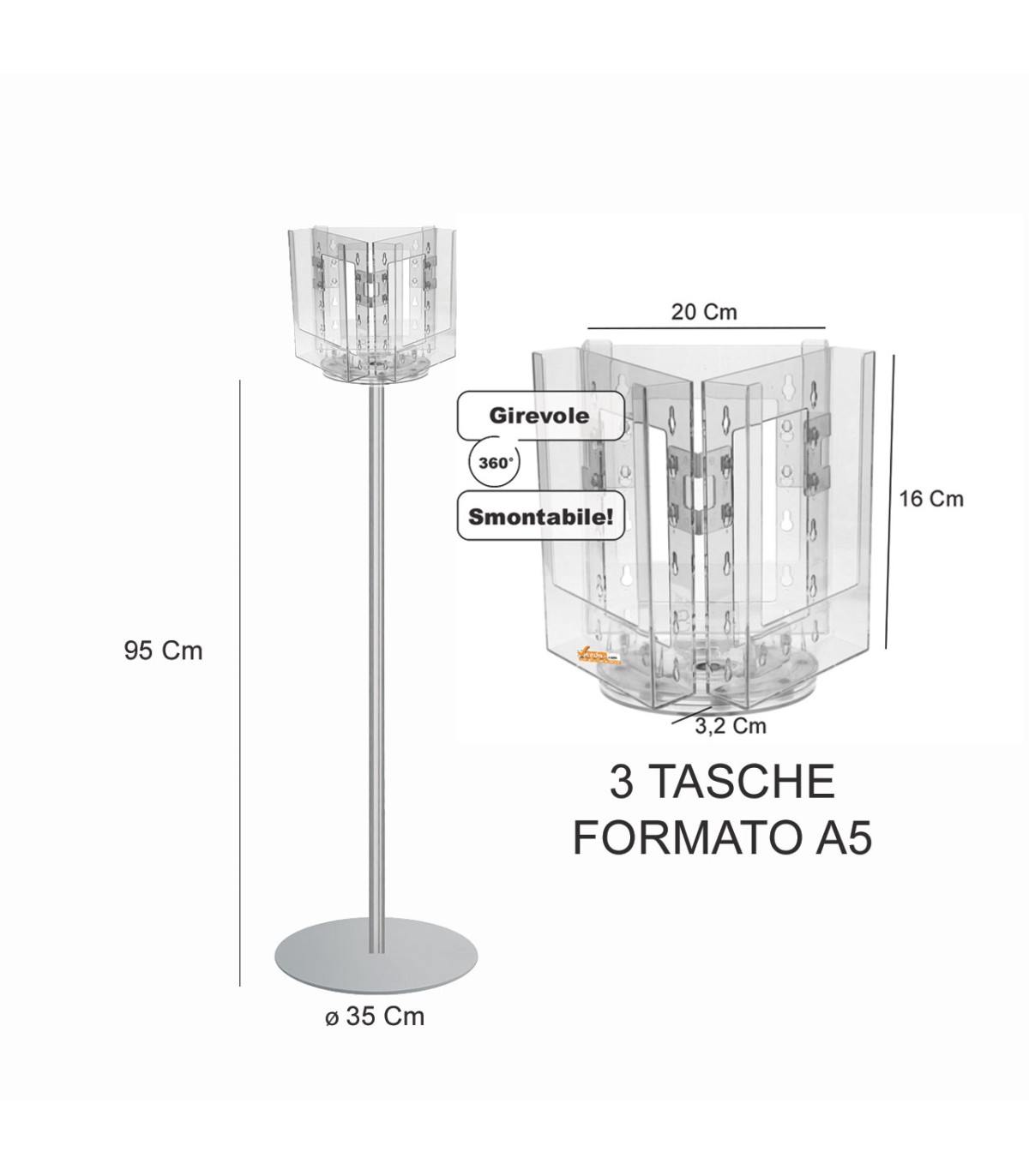 ESPOSITORE GIREVOLE SU PIANTANA PORTA DEPLIANT LOCANDINE OPUSCOLI 3 TASCHE F.TO A5