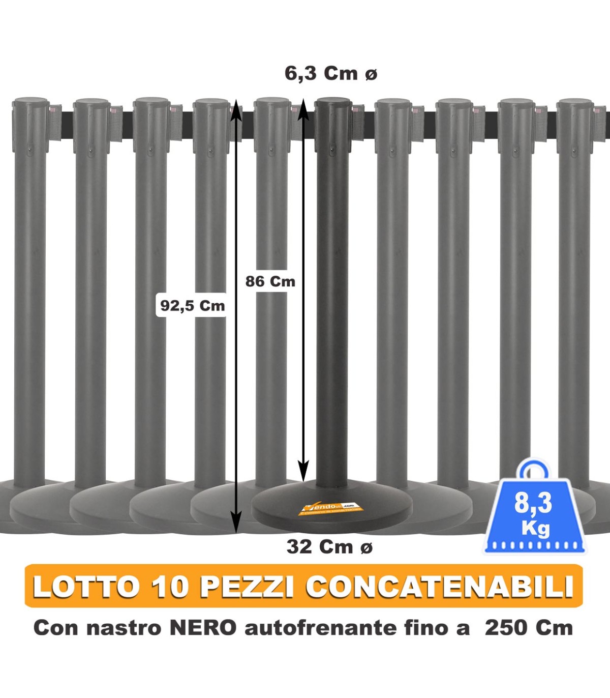LOTTO 10 PZ COLONNINE DELIMITA AREA PALINE PALETTI CON NASTRO ESTENSIBILE NERO
