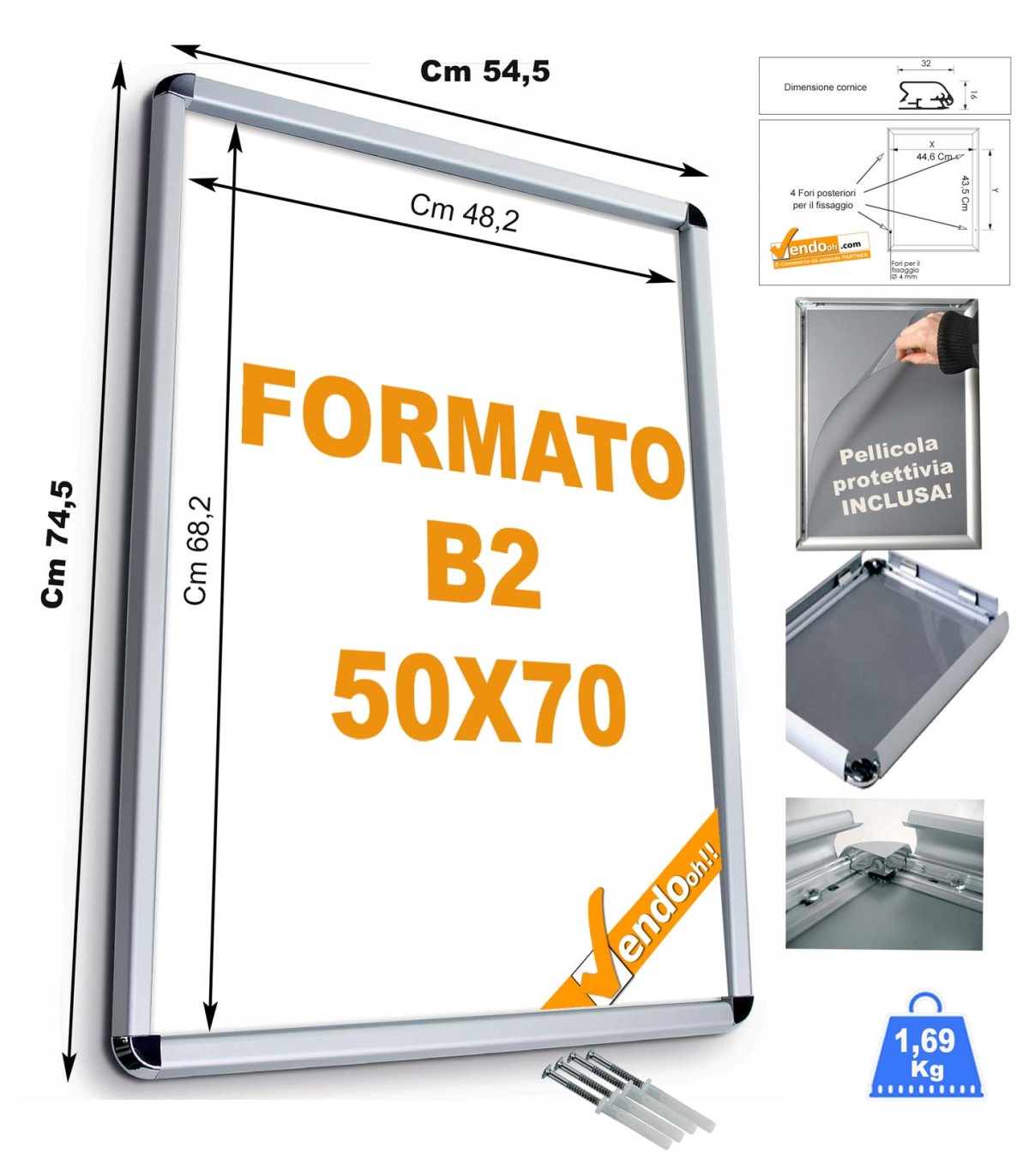 CORNICE ESPOSITIVA PUBBLICITARIA 50x70 CM X MURO UFFICIO NEGOZIO AGENZIA 32 MM
