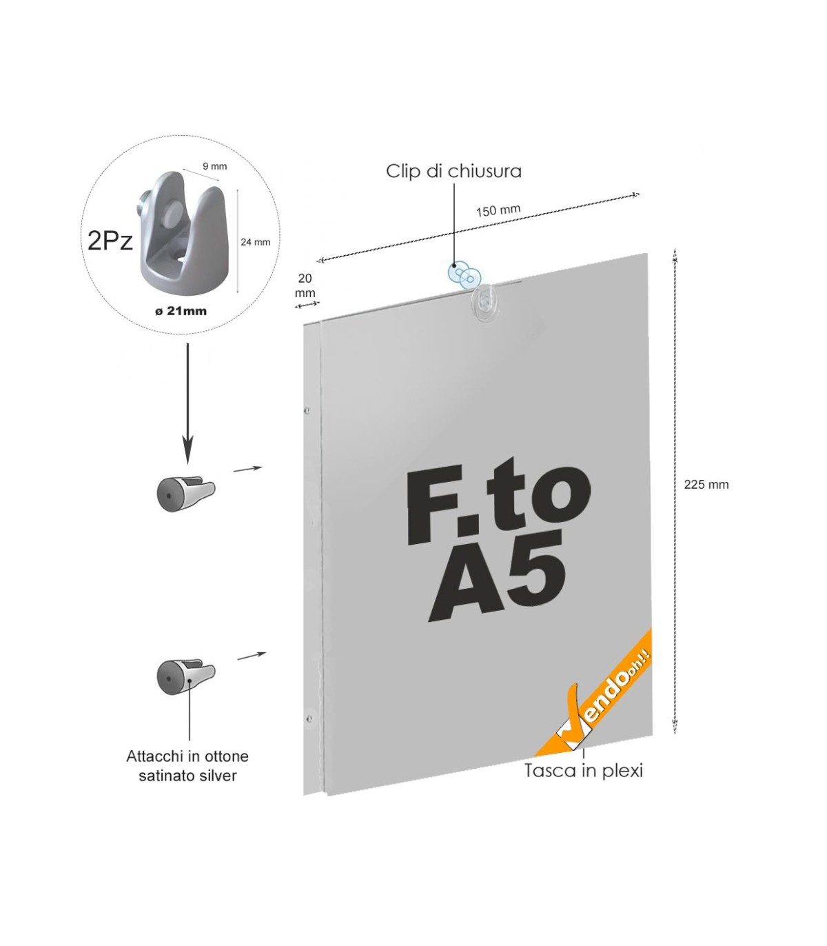 TARGA DA PARETE A BANDIERA COMPLETA DI ATTACCHI A MURO PANNELLO A5 VERTICALE