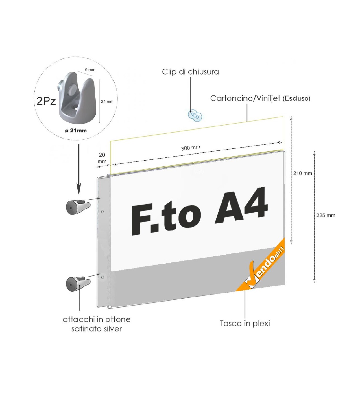 TARGA DA PARETE A BANDIERA COMPLETA DI ATTACCHI A MURO PANNELLO A4 ORIZZONTALE