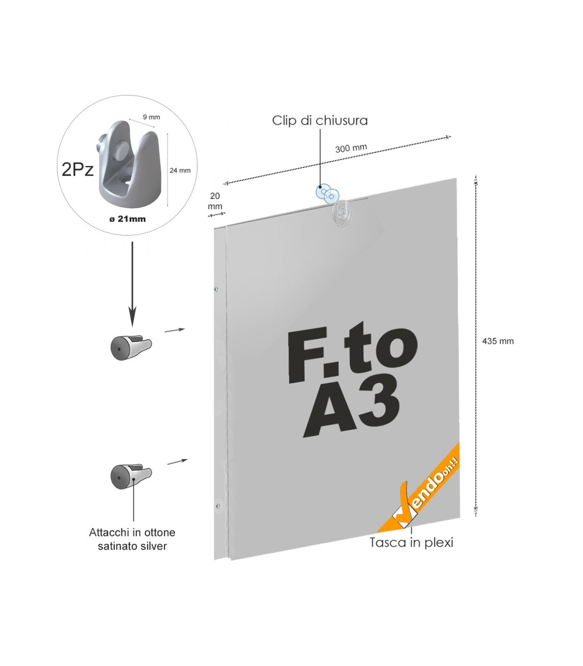 TARGA DA PARETE A BANDIERA COMPLETA DI ATTACCHI A MURO PANNELLO A3 VERTICALE