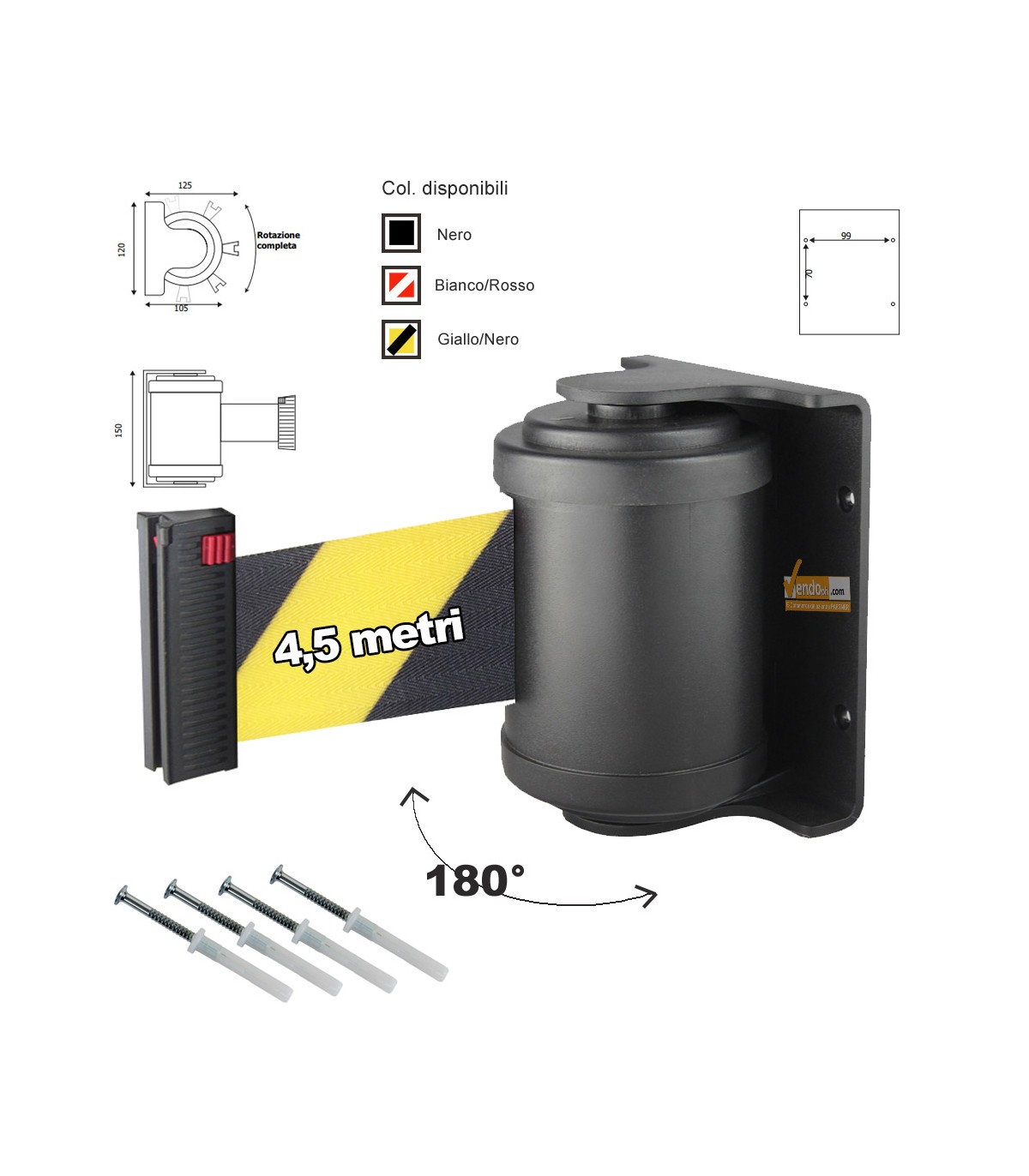 ATTACCO CON NASTRO GIALLO-NERO DA PARETE ORIENTABILE TESTINA GIREVOLE PER COLONNINE