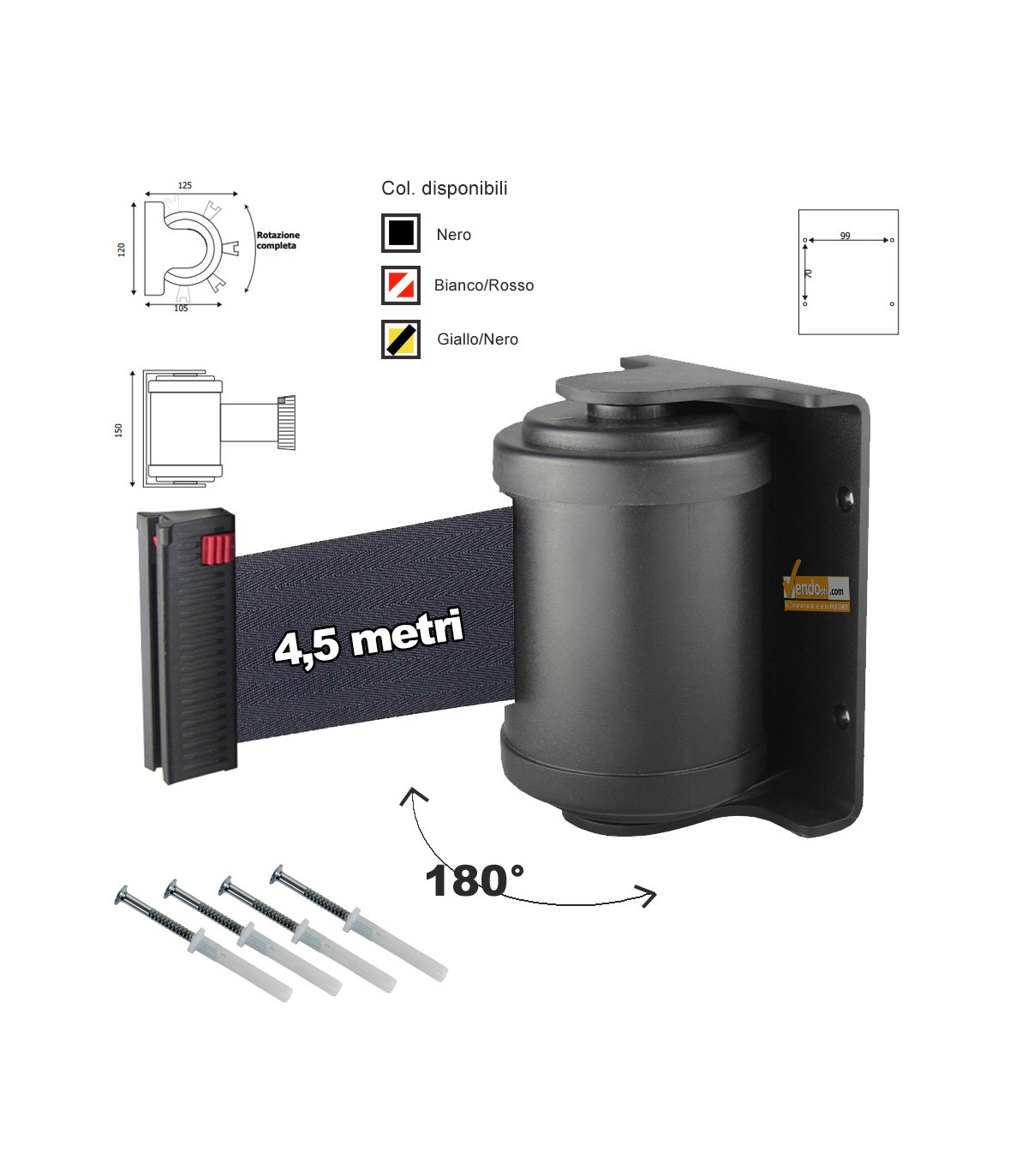 ATTACCO CON NASTRO NERO DA PARETE ORIENTABILE TESTINA GIREVOLE PER COLONNINE