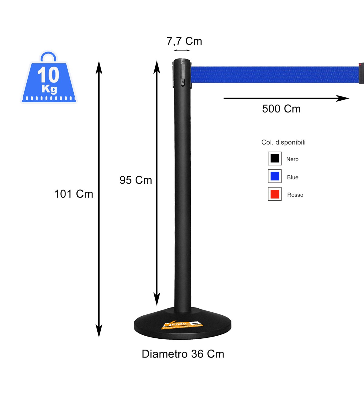 COLONNINA COLONNA NERA E NASTRO BLU AZZURRO SEGNA PERCORSO PALINA PALETTO METALLO SEPARA CODA 5 METRI