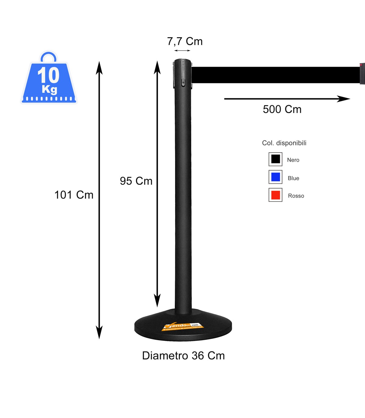 COLONNINA COLONNA NERA E NASTRO NERO SEGNA PERCORSO PALINA PALETTO METALLO SEPARA CODA 5 METRI