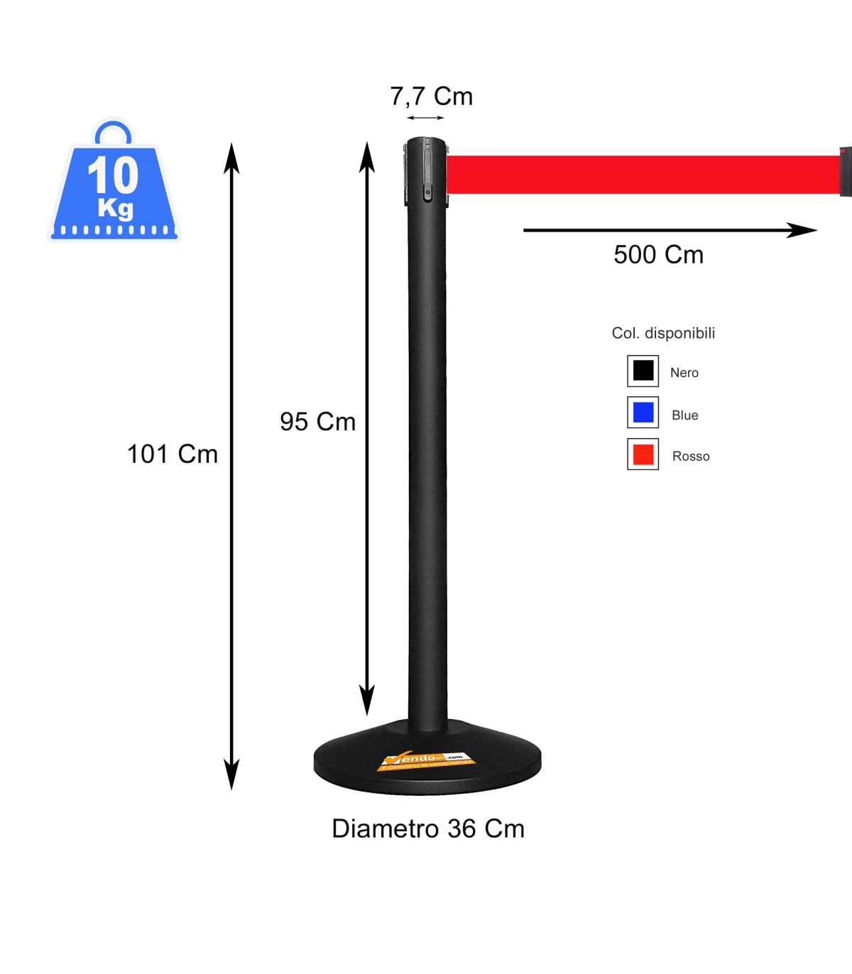 COLONNINA COLONNA NERA E NASTRO ROSSO SEGNA PERCORSO PALINA PALETTO METALLO SEPARA CODA 5 METRI