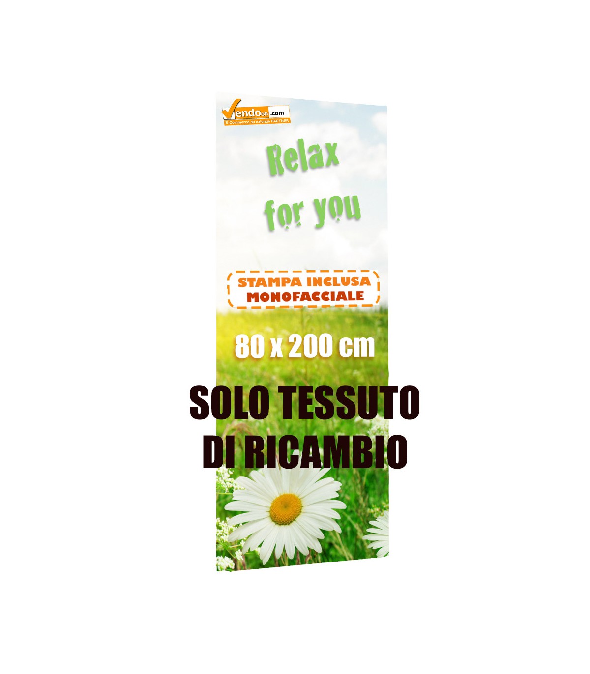 TESSUTO DI RICAMBIO STAMPA INCLUSA PER TOTEM BANNER 80X200 TIPO ROLL UP POP UP