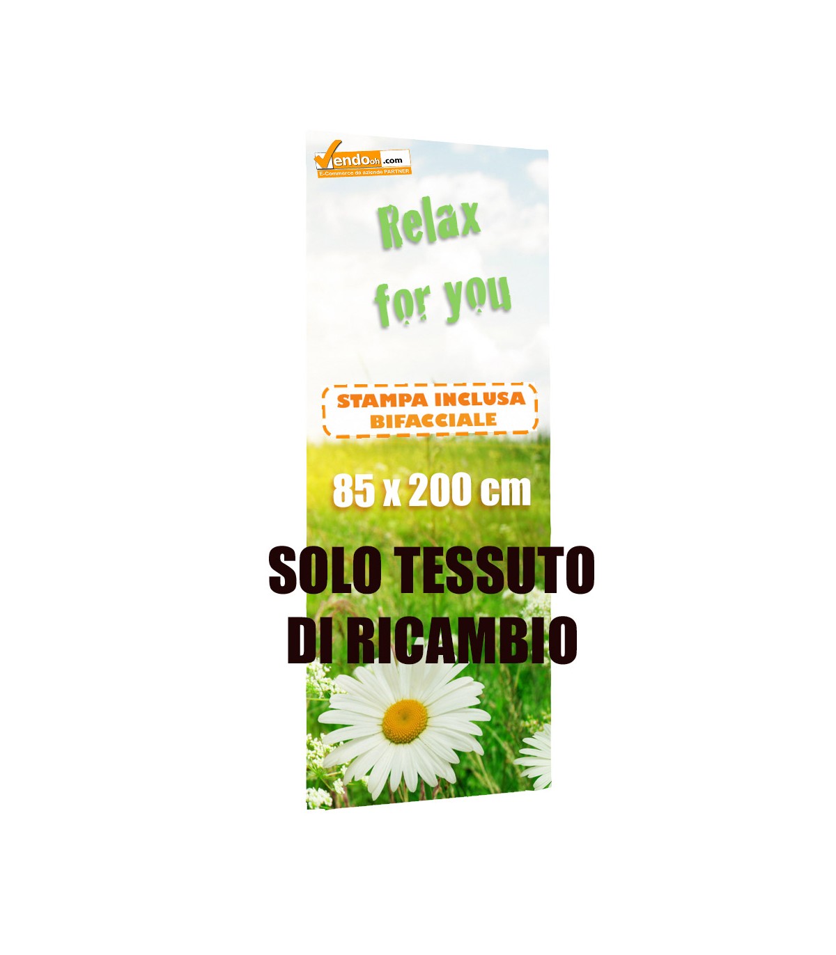 TESSUTO DI RICAMBIO STAMPA INCLUSA PER TOTEM BANNER 85X200 TIPO ROLL UP POP UP