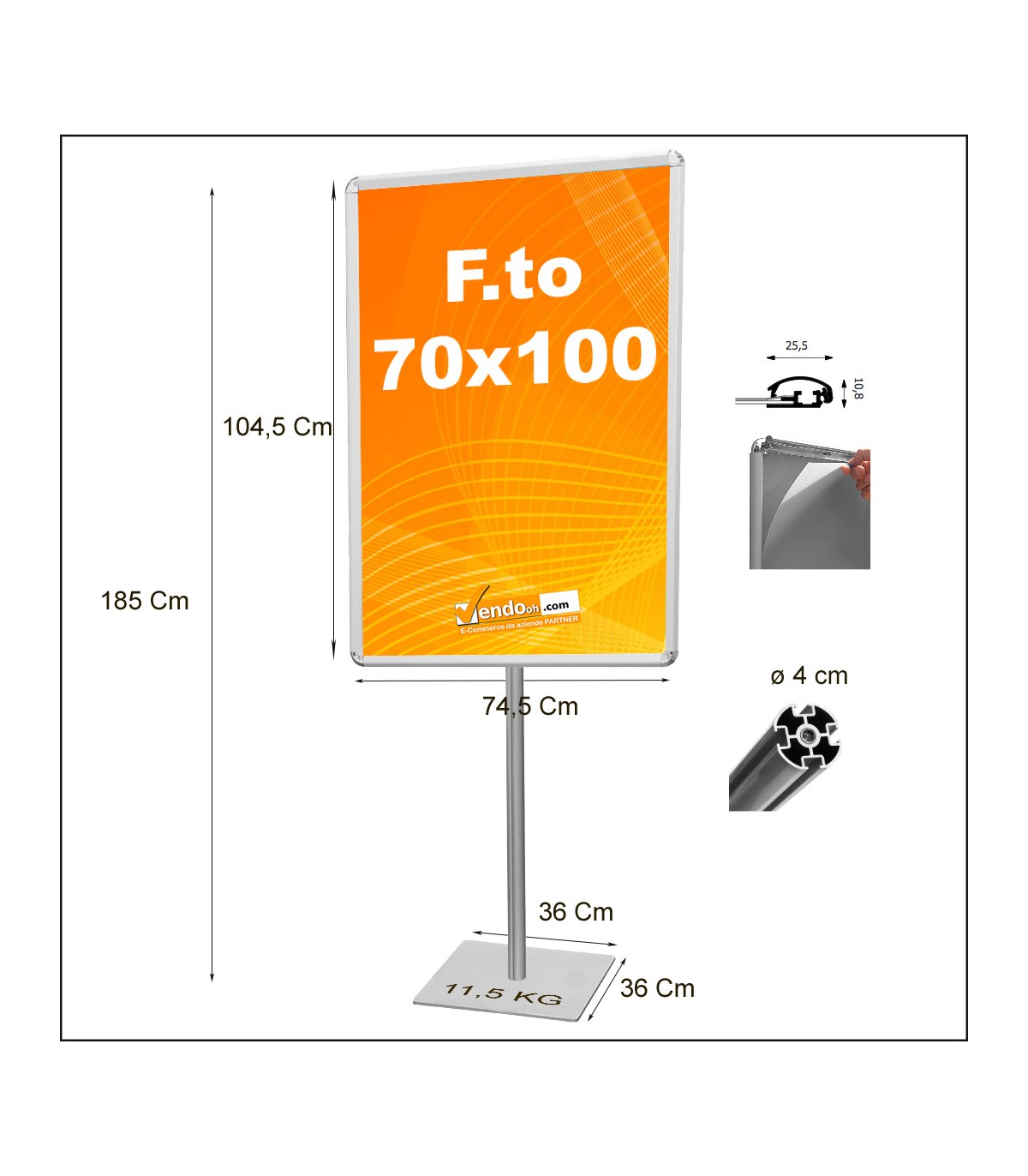 ESPOSITORE IN METALLO DA PAVIMENTO CON CORNICE 70x100 MONOFACCIALE BASE QUADRATA