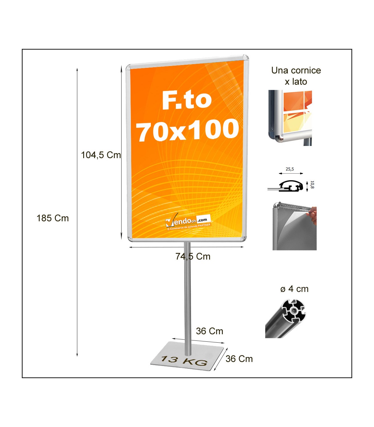 ESPOSITORE AUTOPORTANTE CON BASE QUADRA IN METALLO CON CORNICI BIFACCIALI 70x100