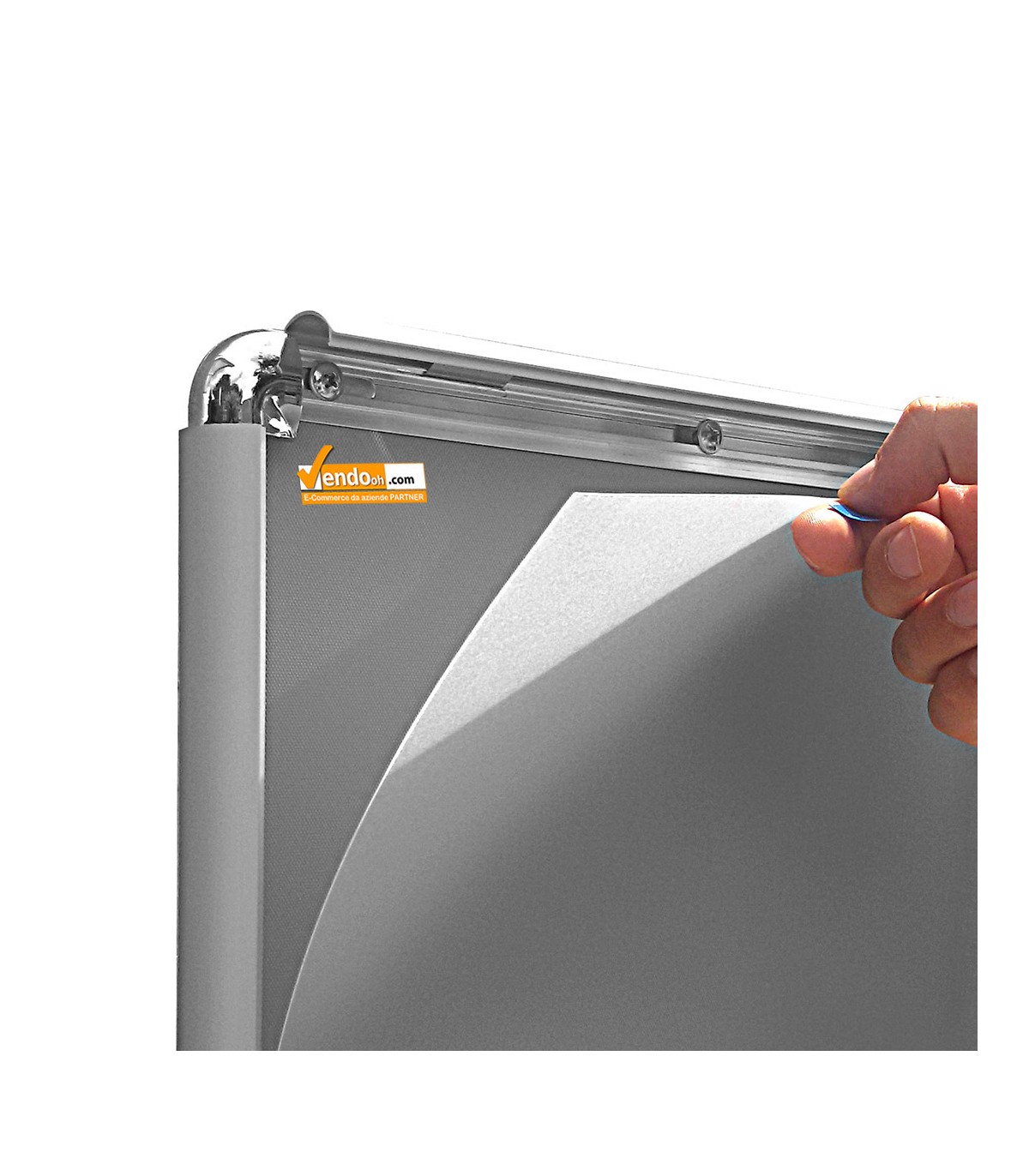 ESPOSITORE AUTOPORTANTE CON BASE QUADRA IN METALLO CON CORNICI BIFACCIALI 70x100