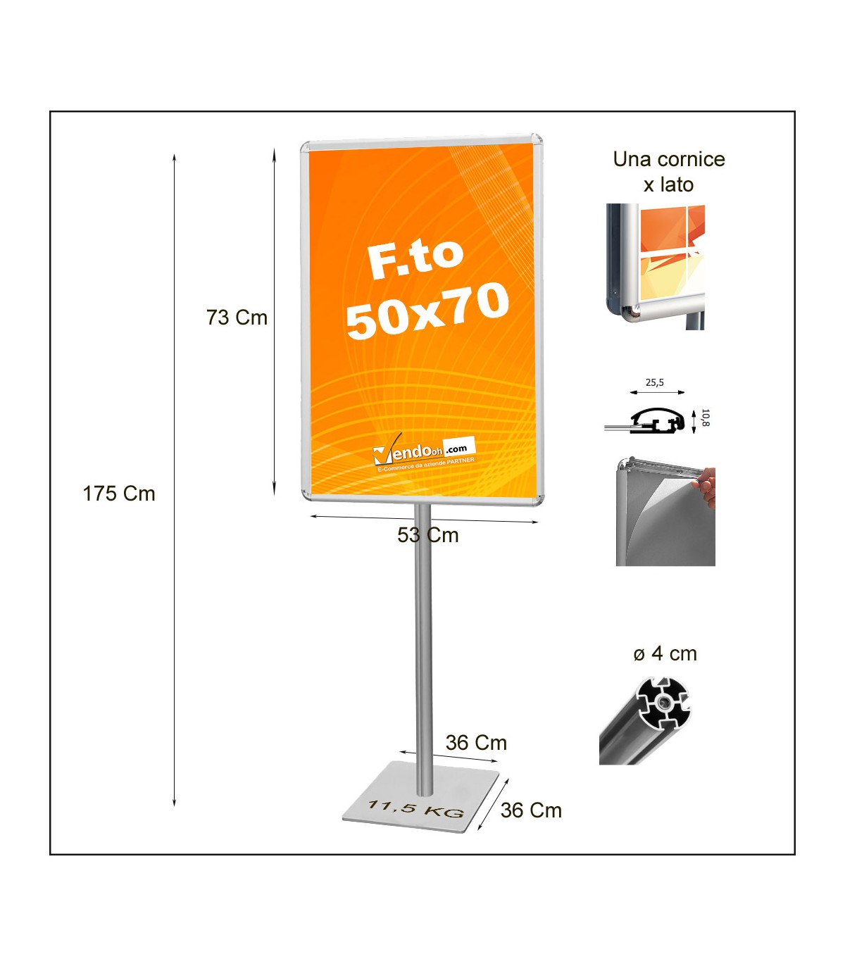 ESPOSITORE AUTOPORTANTE CON BASE QUADRA IN METALLO CON CORNICI BIFACCIALI 50x70
