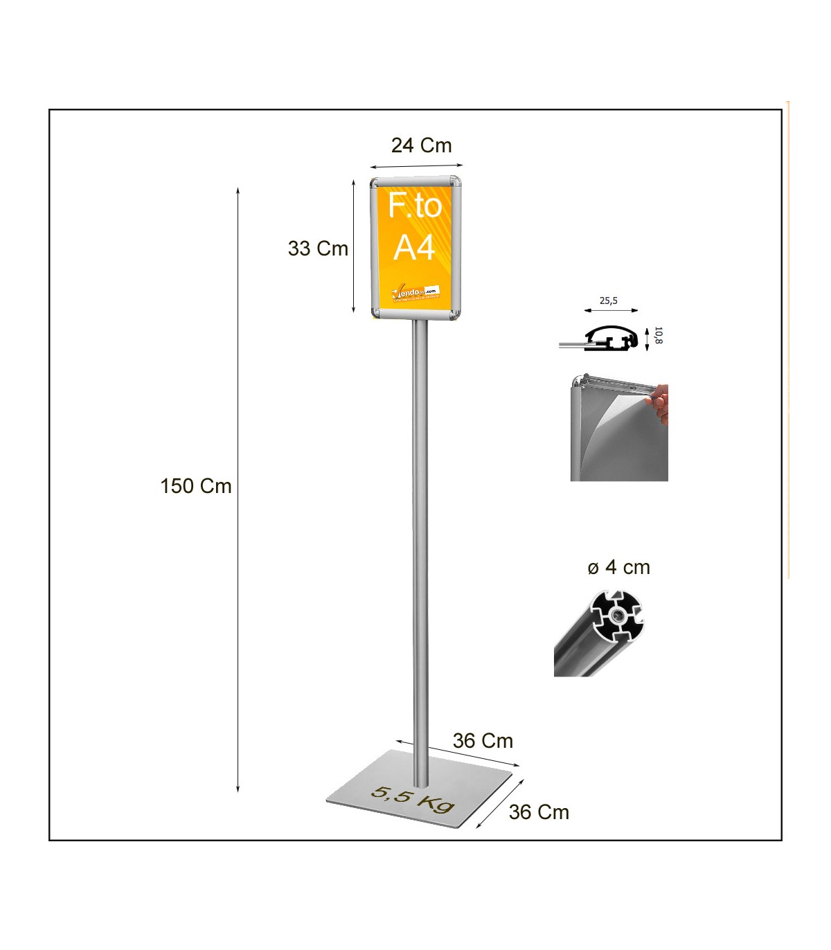 ESPOSITORE AUTOPORTANTE BASE QUADRA IN METALLO CORNICE MONOFACCIALE FORMATO A4