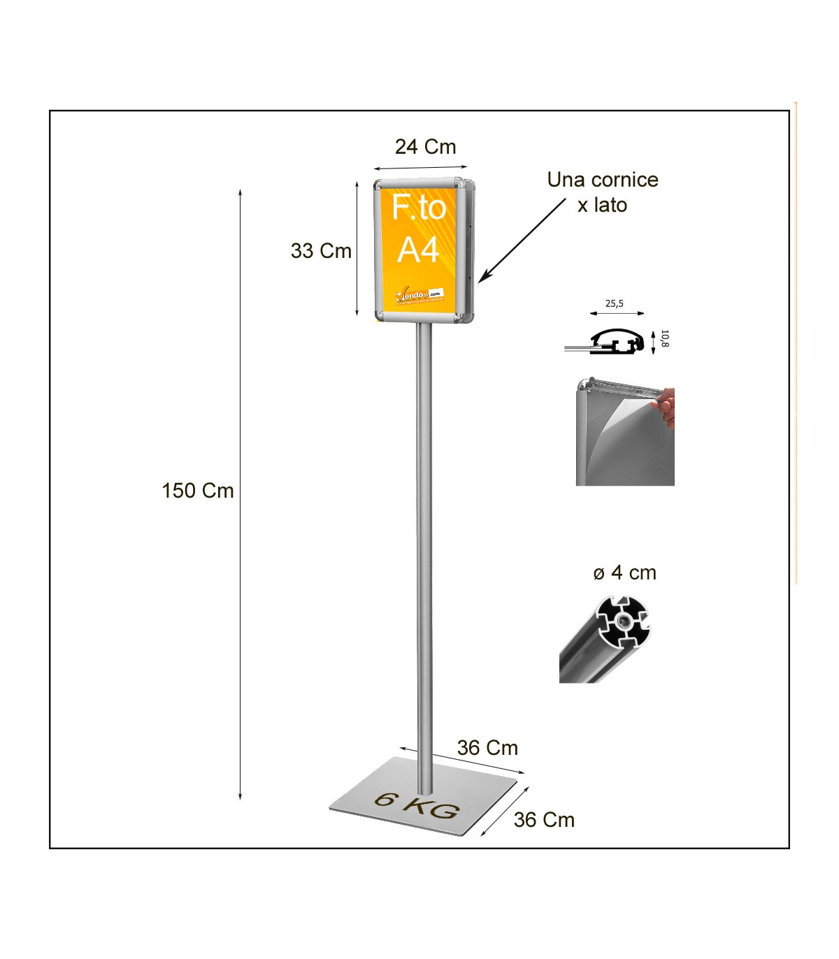 PIANTANA ESPOSITIVA BIFACCIALE IN METALLO CON 2 CORNICI FORMATO A4 DA PAVIMENTO