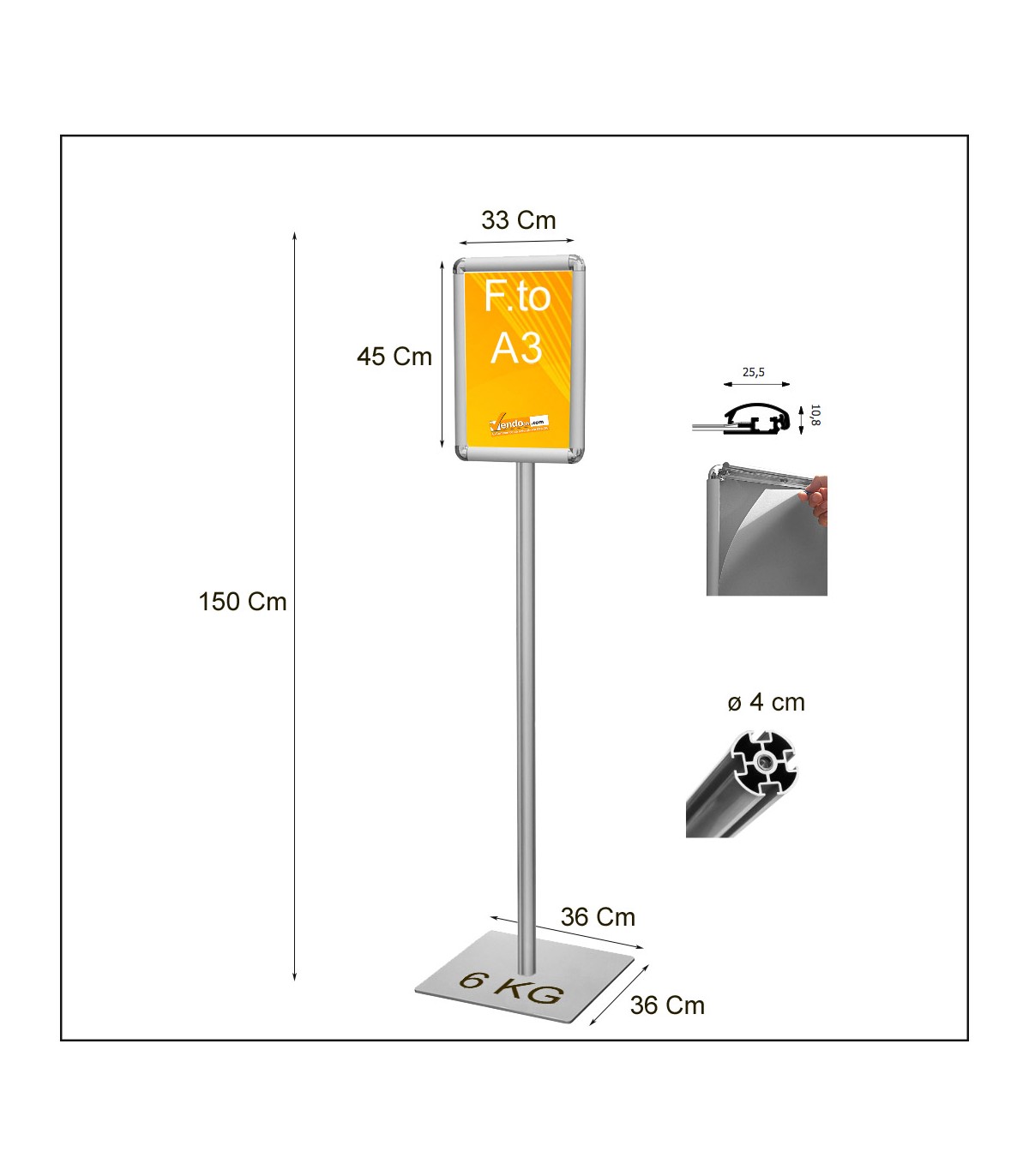 PIANTANA ESPOSITIVA MONOFACCIALE IN METALLO CON CORNICI FORMATO A3 DA PAVIMENTO