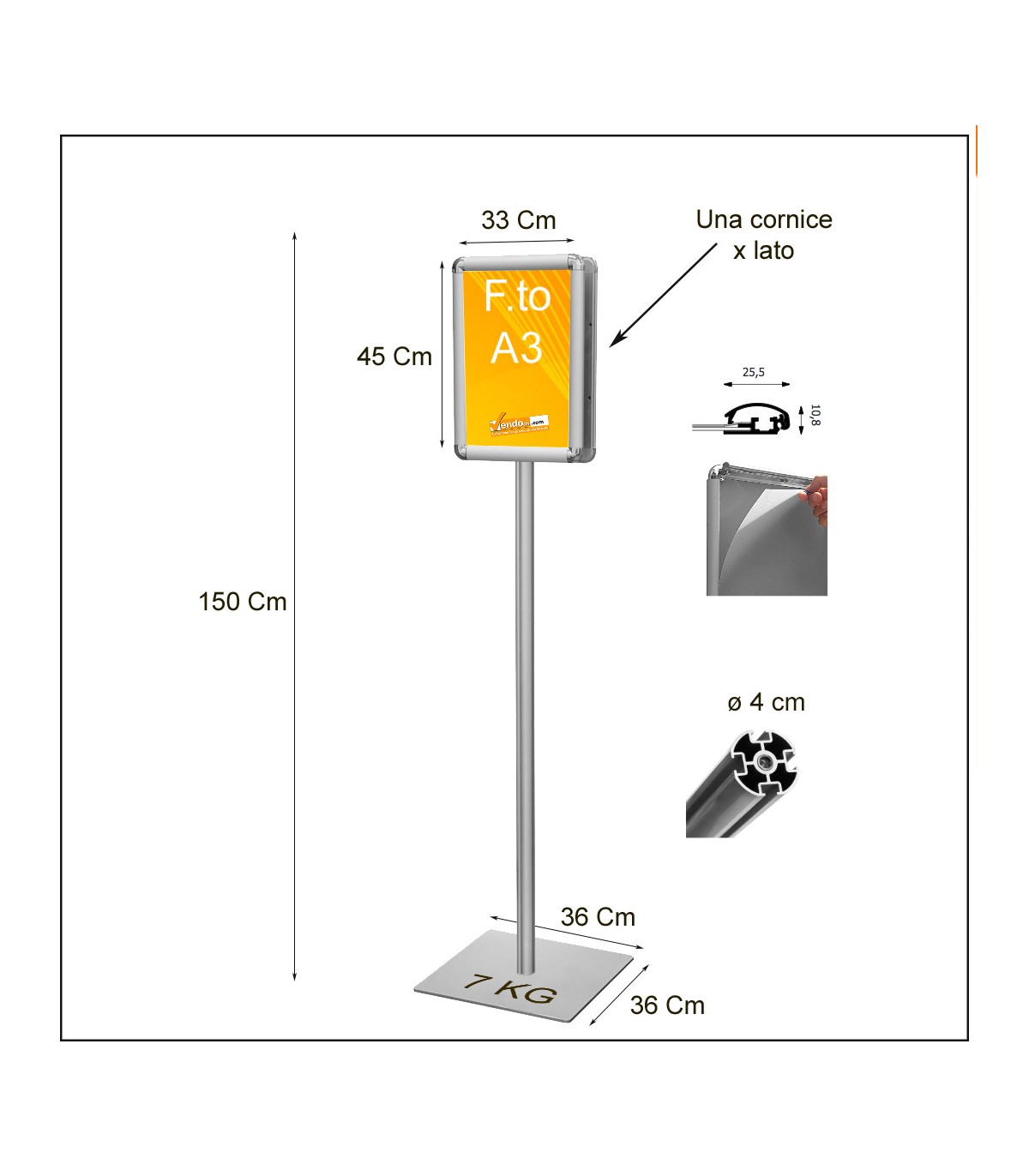 ESPOSITORE AUTOPORTANTE BASE QUADRA IN METALLO CORNICE BIFACCIALE FORMATO A3
