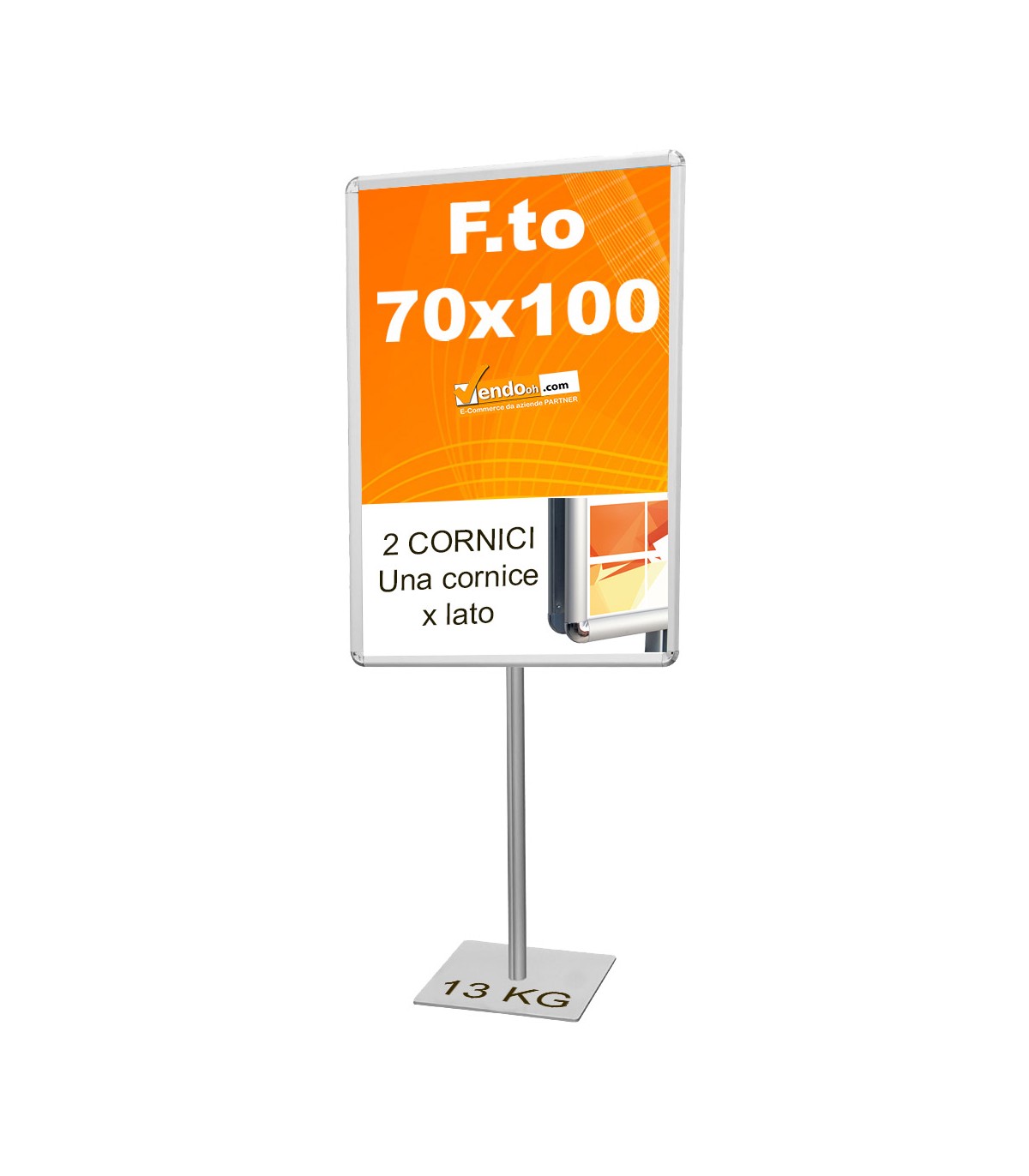 ESPOSITORE AUTOPORTANTE CON BASE QUADRA IN METALLO CON CORNICI BIFACCIALI 70x100