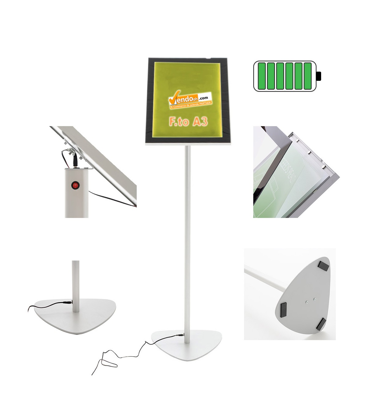 ESPOSITORE A LEGGIO RETROILLUMINATO A LED A BATTERIA A3 VERTICALE ORIZZONTALE