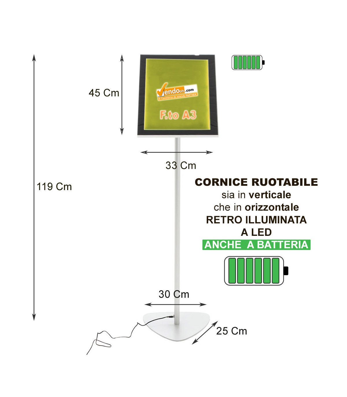 MISURE ESPOSITORE A LEGGIO RETROILLUMINATO A LED A BATTERIA A3 VERTICALE ORIZZONTALE