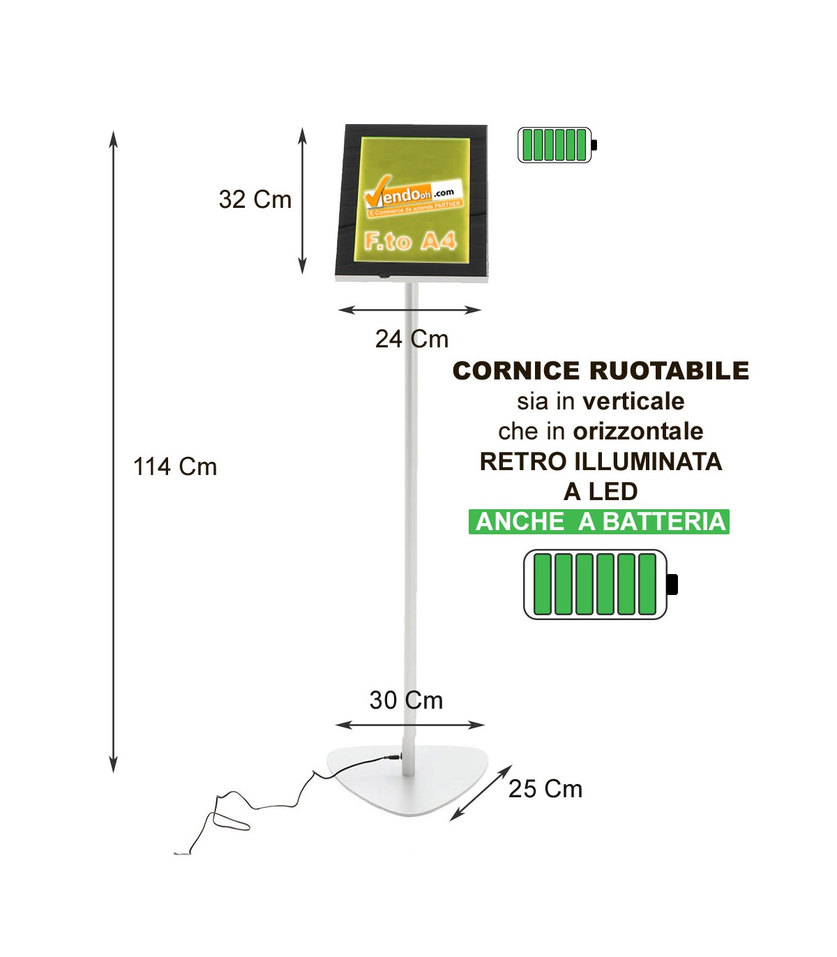 MISURE ESPOSITORE A LEGGIO RETROILLUMINATO A LED A BATTERIA A4 VERTICALE ORIZZONTALE