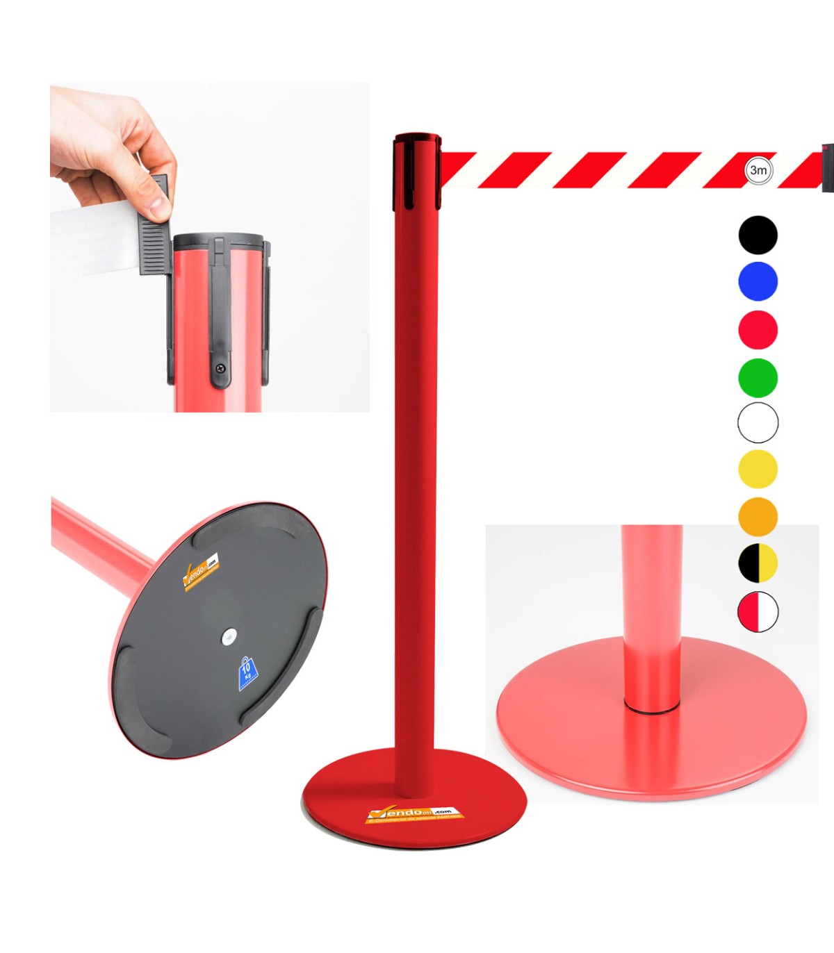 COLONNINA SEGNA PERCORSO ROSSA A NASTRO A BANDE BIANCO E ROSSE TENDINASTRO FETTUCCIA TENDILINEA PIATTA